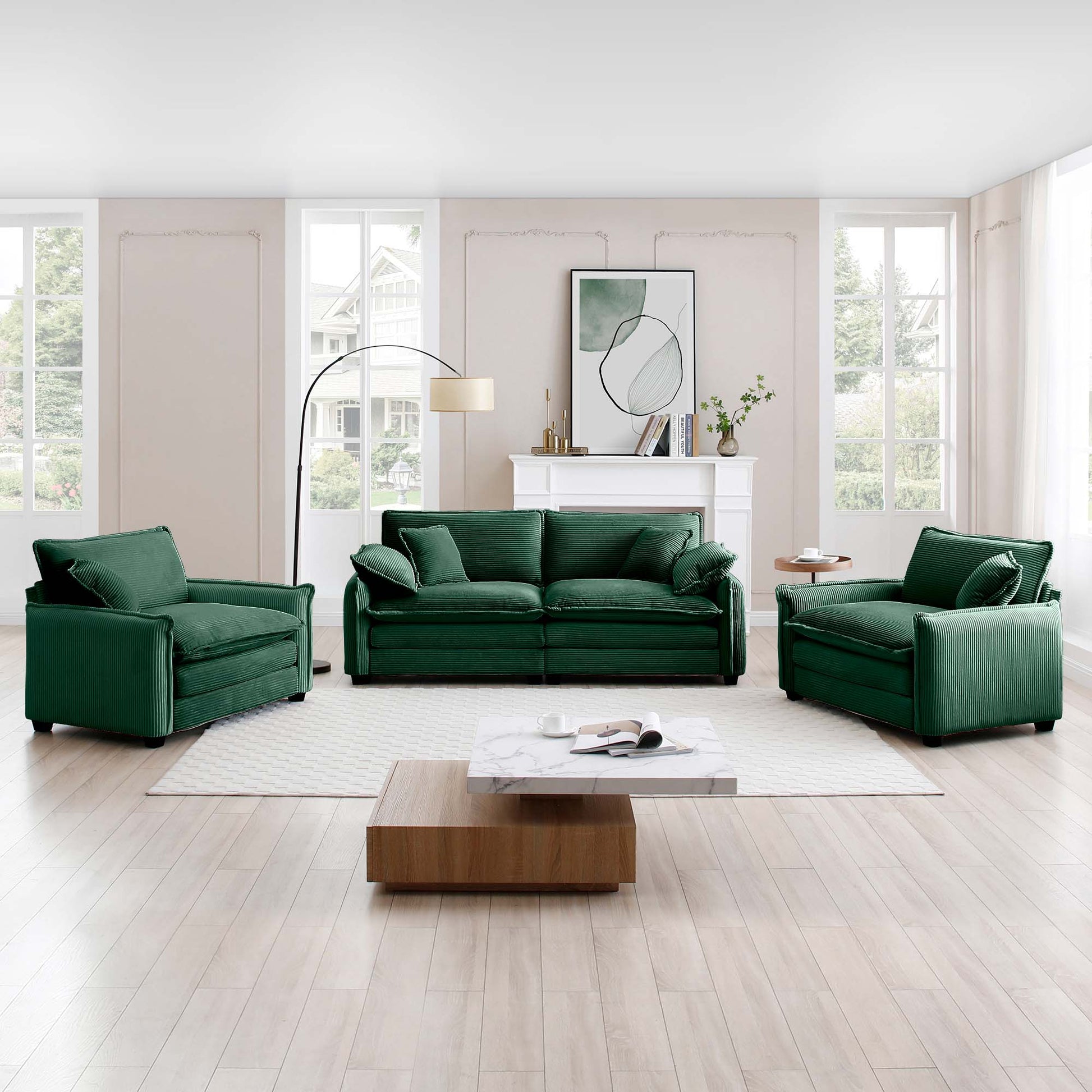 Luxurious And Sophisticated Sofa Set With Soft Cushions And Pillows, Sofa Set For Living Rooms And Clubs As Well As Home Theaters, Consisting Of Two Single Sofas And A 2 Seaters Sofas Ingreen Corduro Green Corduroy 4 Seat