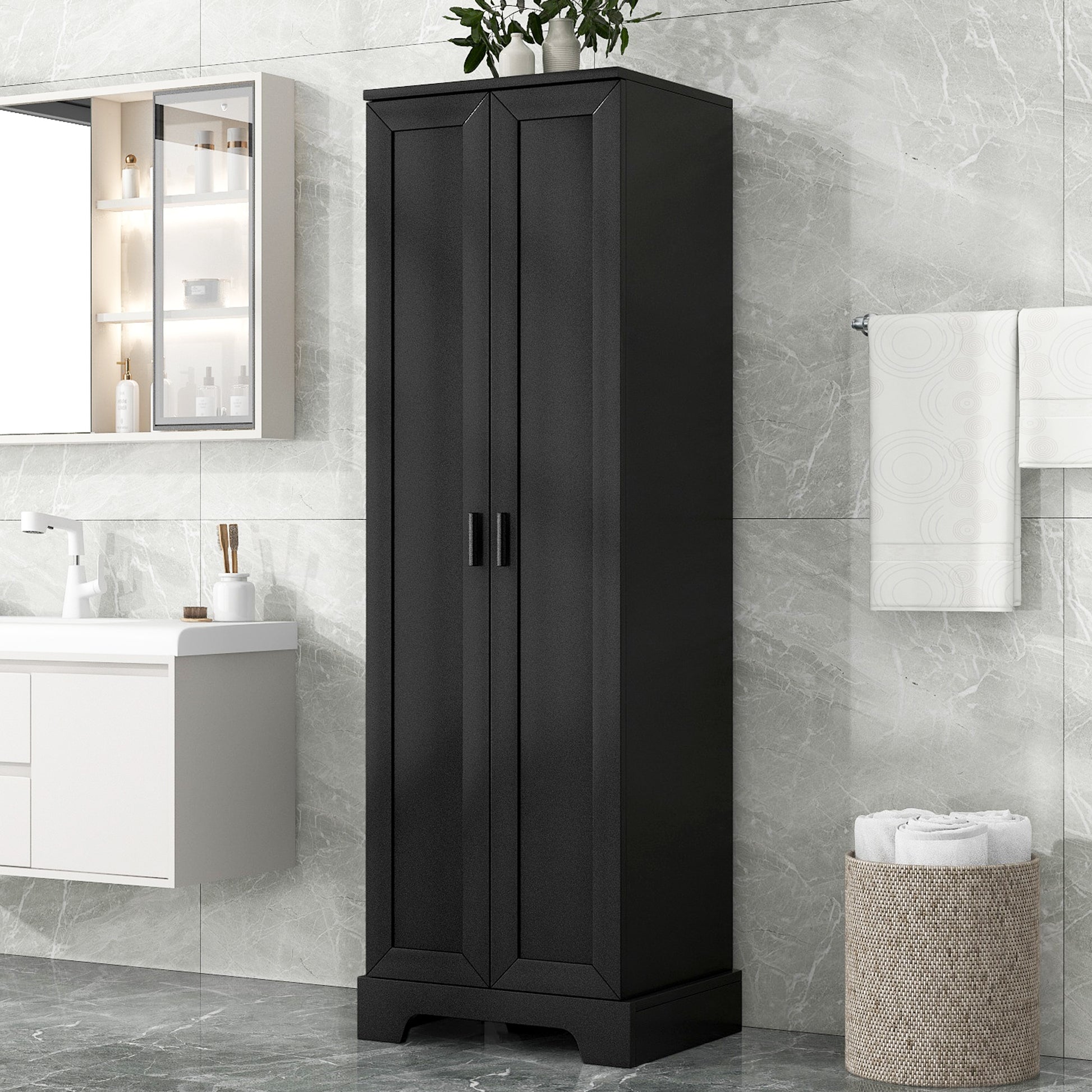 Storage Cabinet With Two Doors For Bathroom, Office, Adjustable Shelf, Mdf Board, Black Black Mdf