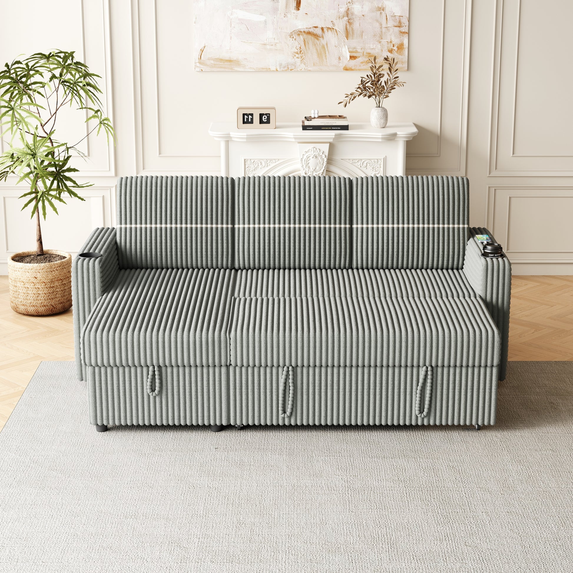 85 Inches Corduroy Sofa Bed, 3 Seater Sleeper Sofa With Storage Chaise, Square Handrail With Two Cup Holder And Usb Charge Port, Pull Out Couch For Living Room Light Grey Corduroy 3 Seat
