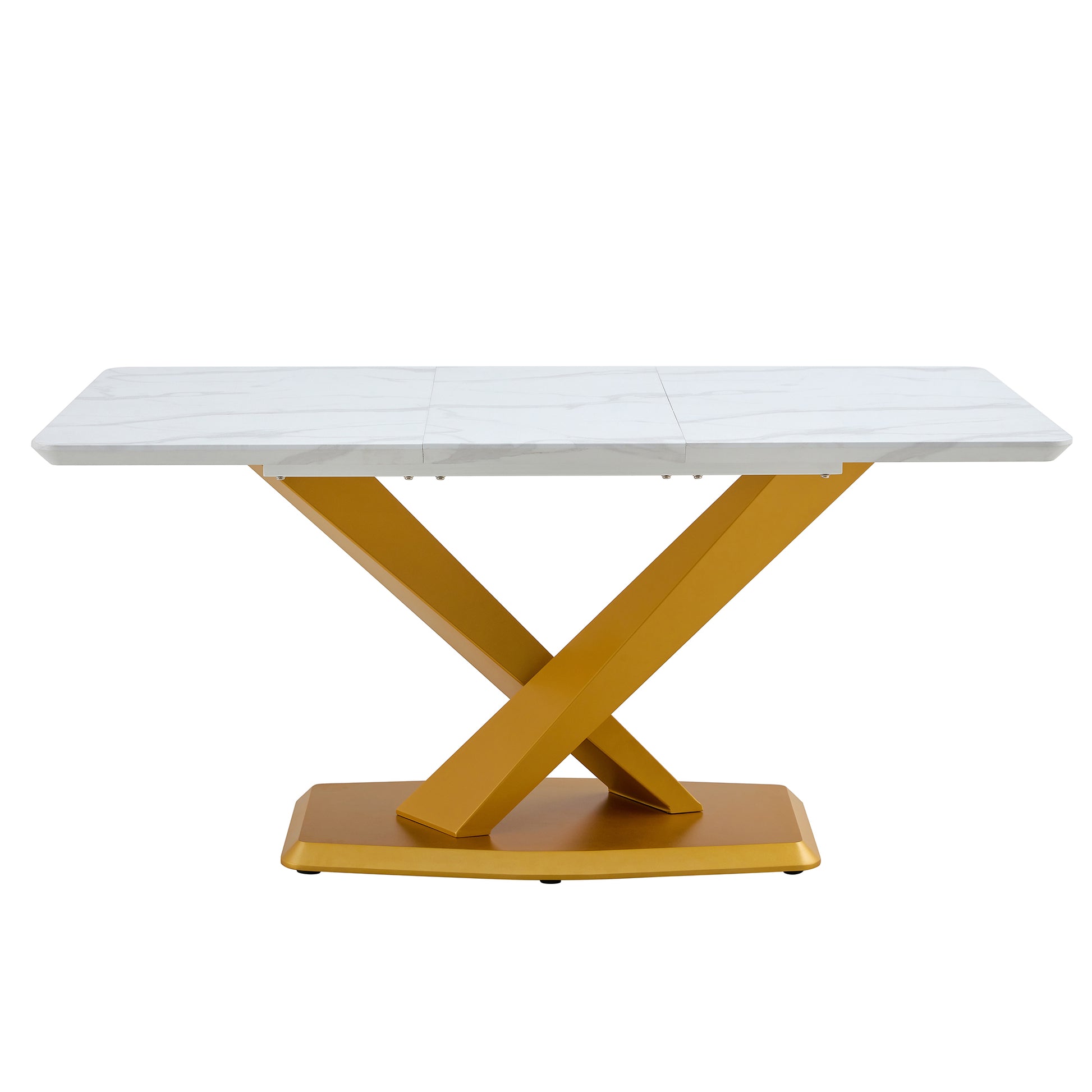 Table And Chair Set, The Table Is Equipped With A Marble Patterned Mdf Tabletop And Gold Table Legs.The Chair Is Equipped With Pu Synthetic Leather High Back Cushion And Gold Coated Metal Legs. Grey Gold Seats 6 Mdf Metal