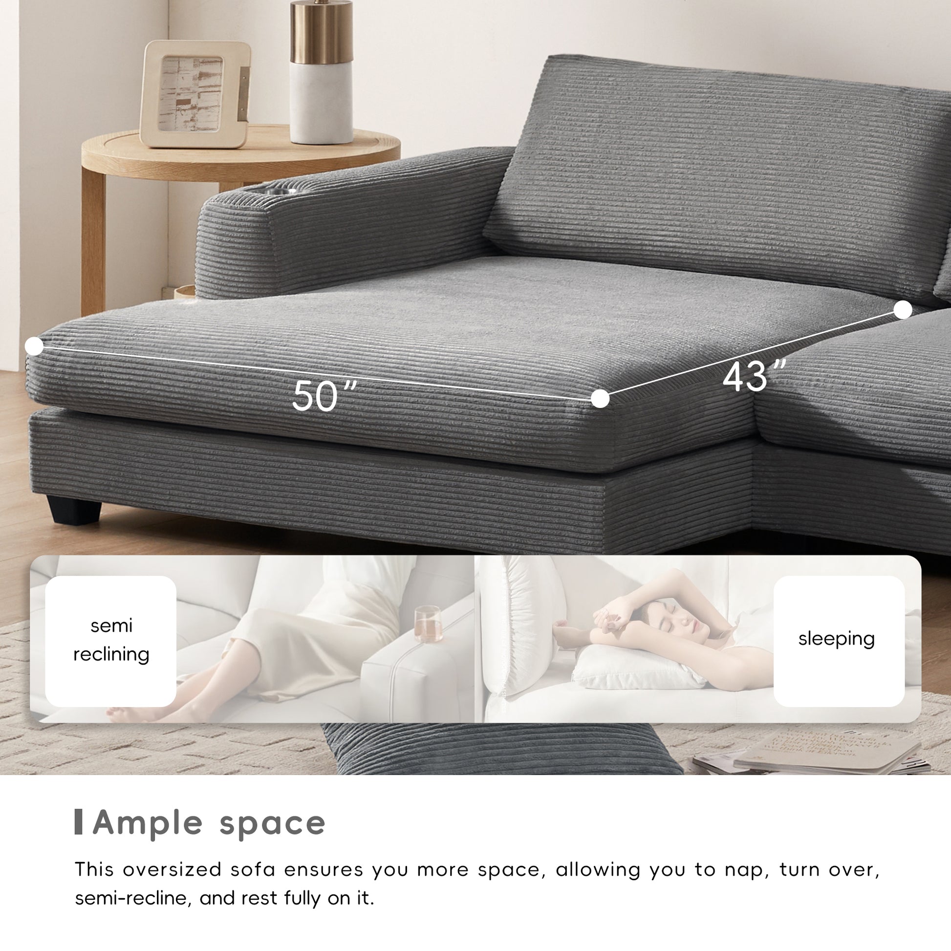 134*54"Oversized Corduroy Sectional Sofa,L Shaped Cloud Couch With Usb Charging Port,Cup Holder,Deep Seat Sofa Bed With 50" Chaise,Comfy Indoor Furniture For Living Room,3 Colors Gray Corduroy 4 Seat