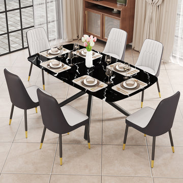 1 Table And 6 Chairs Set.A Rectangular Dining Table With A Imitation Marble Black Table Top And Black Metal Legs.Paired With 6 Chairs With Pu Leather Seat Cushion And Black Metal Legs.F 1537,C 007 Black Glass Metal