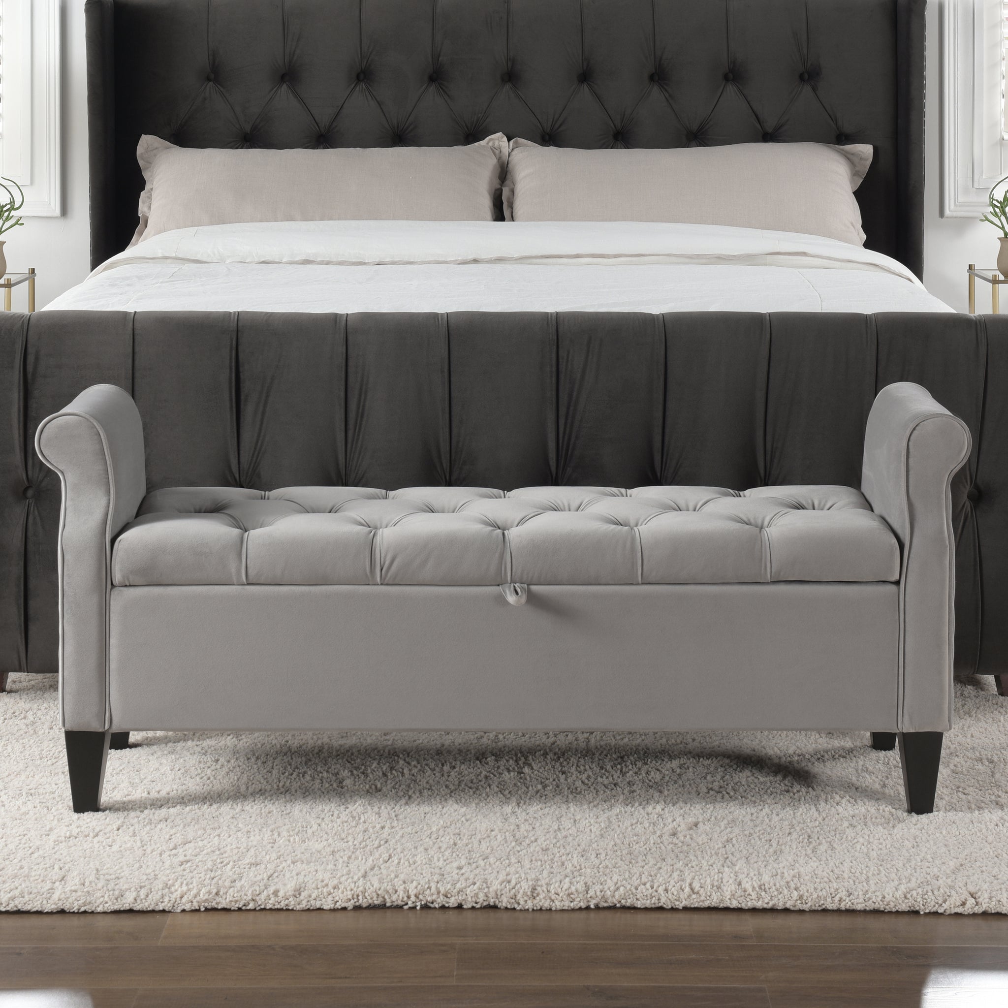 Jacqueline 57.5" Tufted Roll Arm Storage Bench, Opal Grey Velvet Gray Foam Velvet