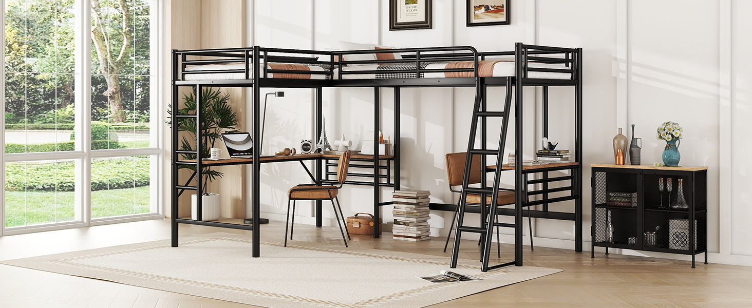 Twin Size Metal Loft Bed With Two Built In Desks,Black Twin Black Metal