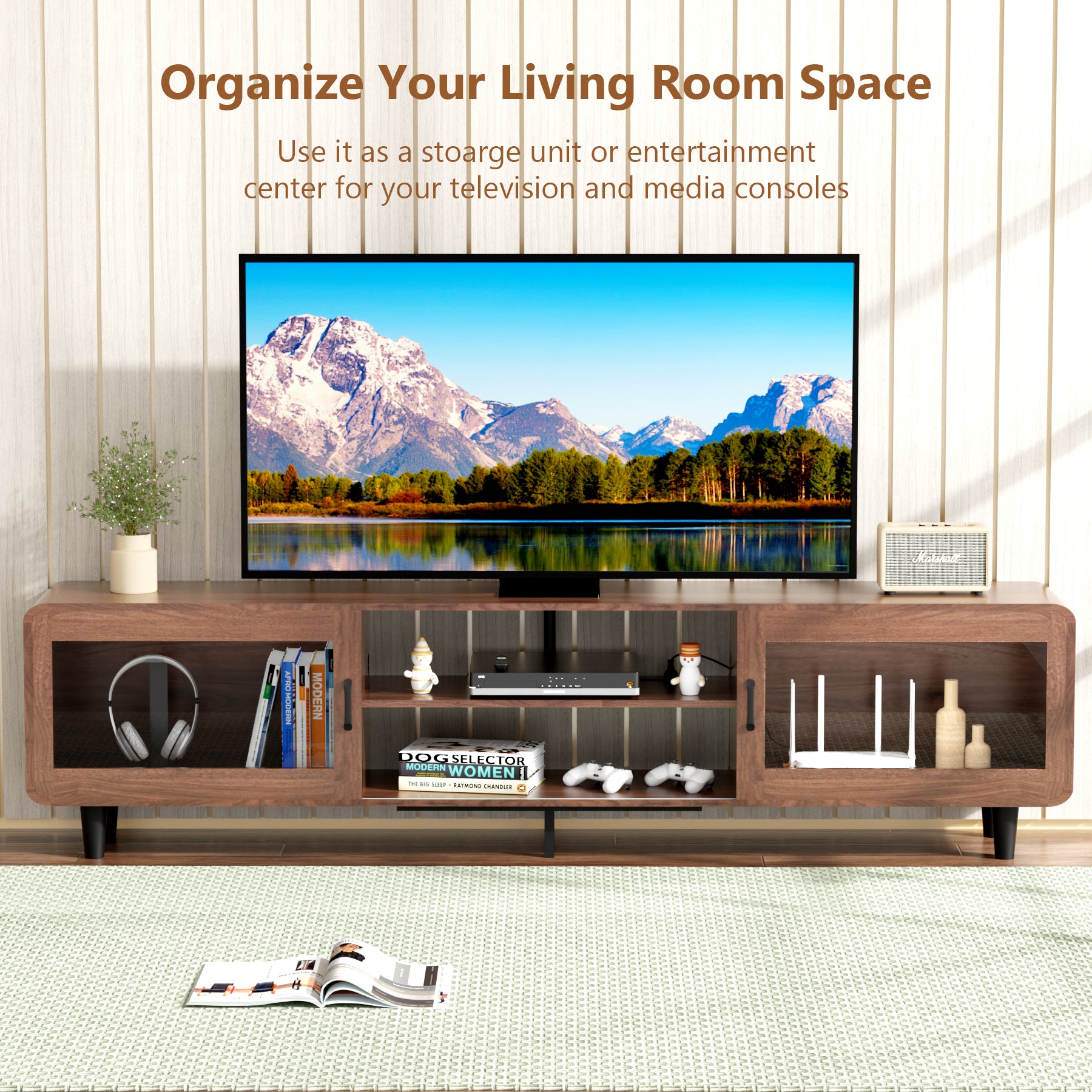 Mid Century Modern Tv Stand For 55 60 65 70 Inch Tv, Wood Entertainment Center With Power Outlets, Media Console With Sliding Doors And Open Shelf For Living Room, Walnut Walnut 60 69 Inches Wood