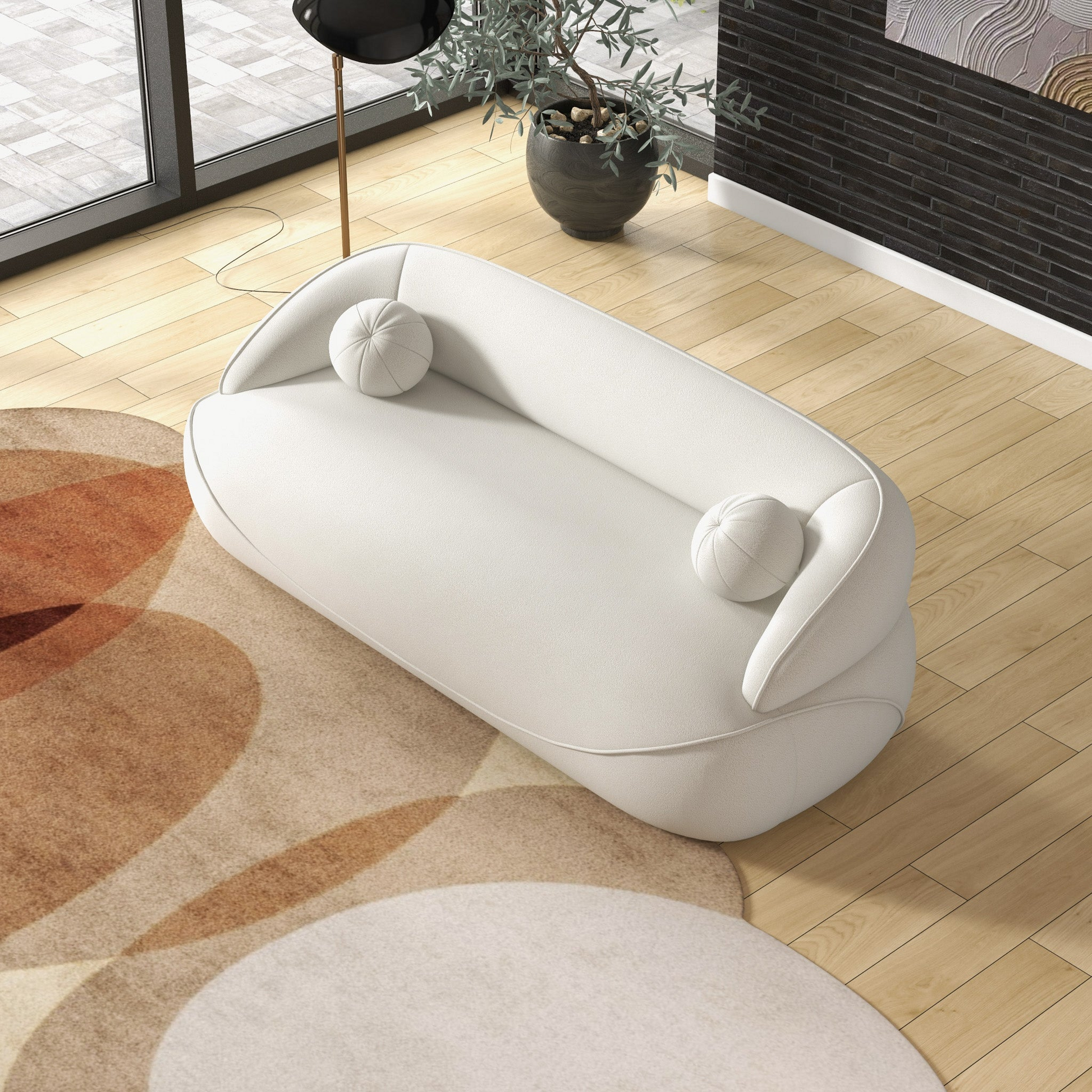 Andrew Beige Boucle Sofa Beige,Ivory White,Light Beige,White Wood Primary Living Space Medium Firm Mid Century Modern Foam Boucle,Solid Wood 3 Seat