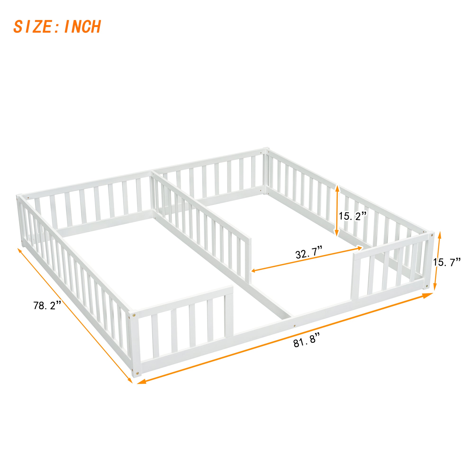 Double Twin Floor Bed With Fence, Guardrails, Without Door, White Twin White American Design Pine