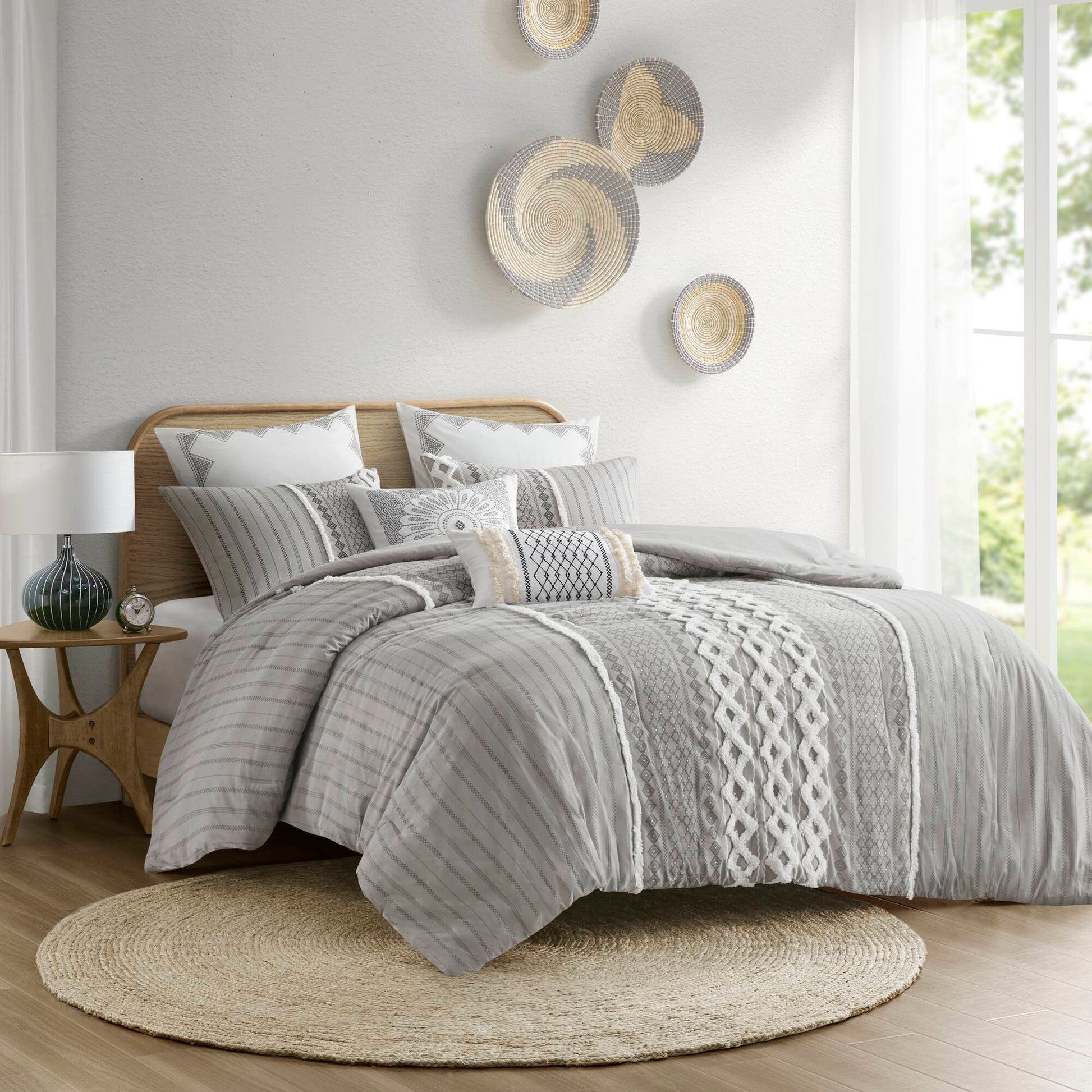 Cotton Printed Comforter Set With Chenille Gray Full Queen Queen Gray Cotton