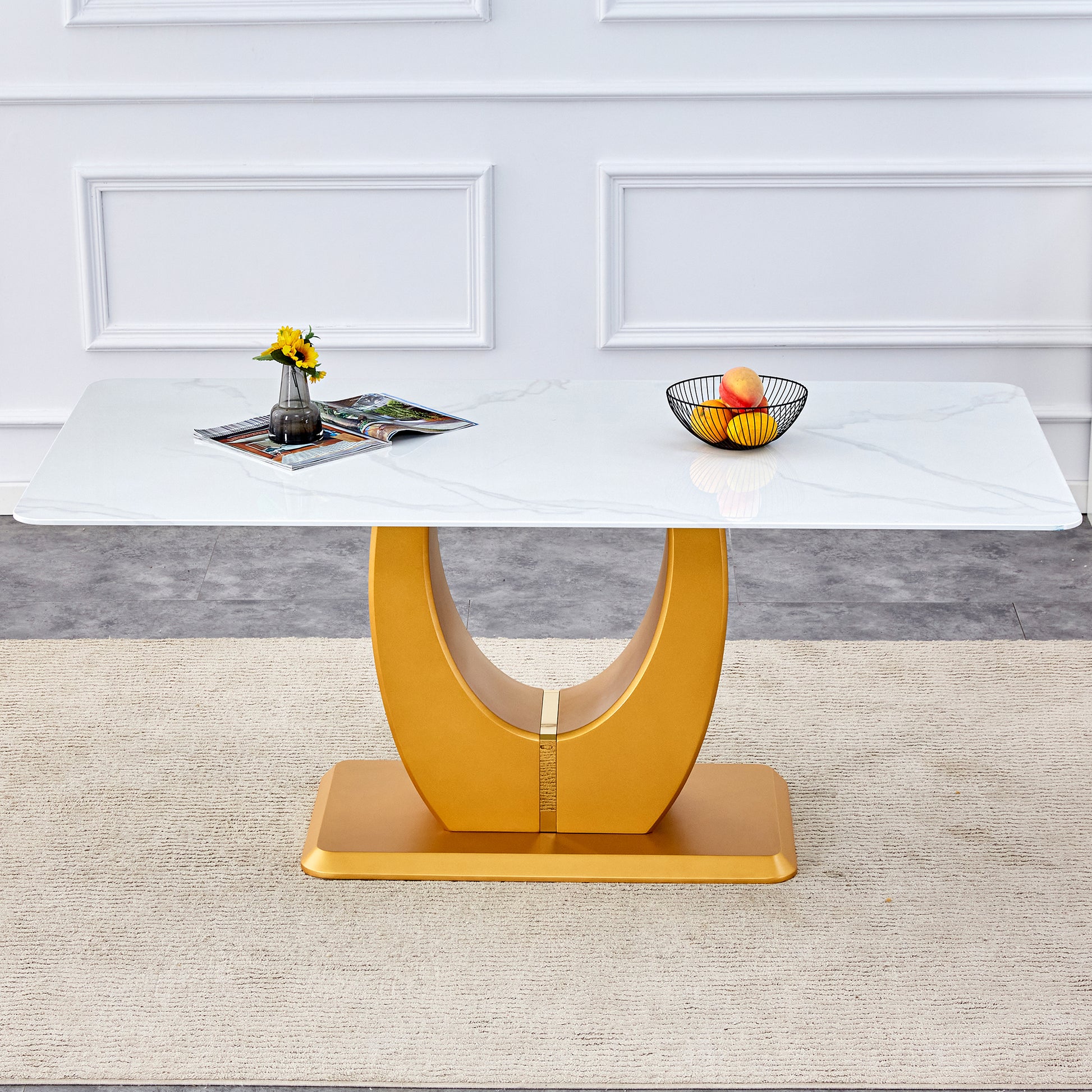 Modern Simple Luxury White Imitation Marble Decorative Glass Dining Table, Golden Legs, Rectangular Desk. A Computer Desk. Games Table, Dining Room, Living Room, Terrace, Kitchen. Gold White Mdf