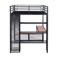 Full Size Metal Loft Bed With Storage Iron Mesh And Mdf Shelves And Open Wardrobe,Black Black Metal