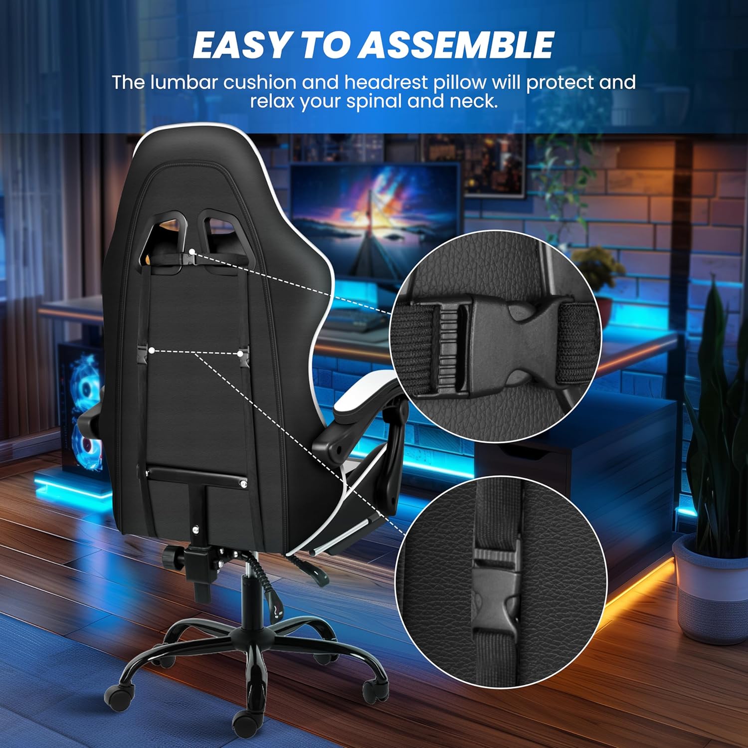 Gaming Chair, Computer Chair With Footrest, Height Adjustable & 90 135 Tilt Function, Swivel Recliner Ergonomic Racing Style Video Game Chair With Lumbar Support Black White White Black Leather