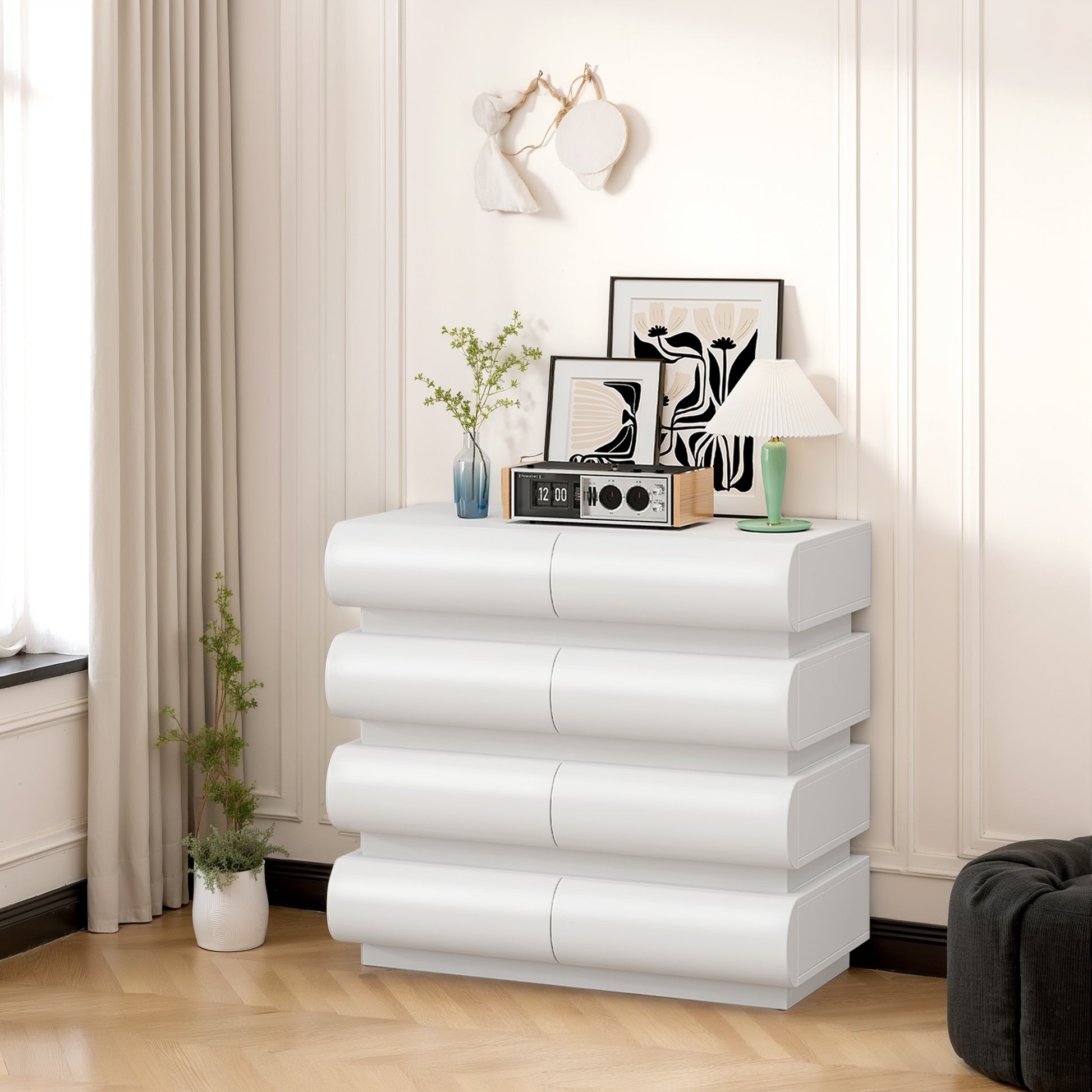 8 Drawer Dresser For Bedroom, White Dresser No Handle, Modern 8 Chest Of Drawers With Wide Storage White Mdf