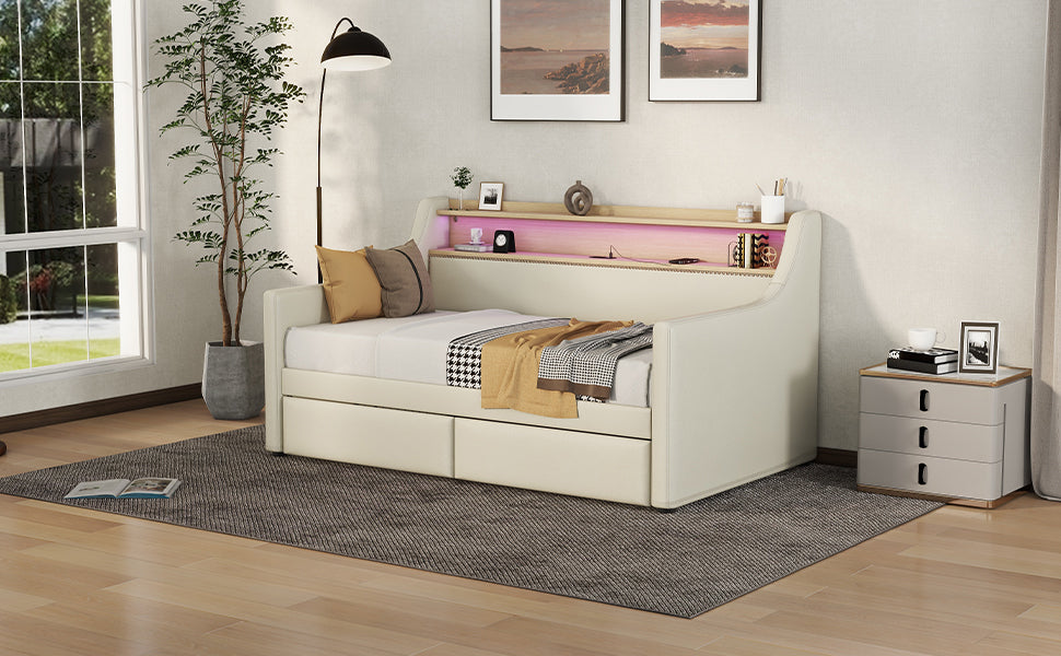 Twin Size Daybed With Storage Drawers, Upholstered Daybed With Charging Station And Led Lights, Beige Old Item W1580S00022 Twin Beige Pu Leather