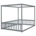 Full Size Canopy Frame Floor Bed With Fence, Guardrails,Grey Full Grey American Design Pine