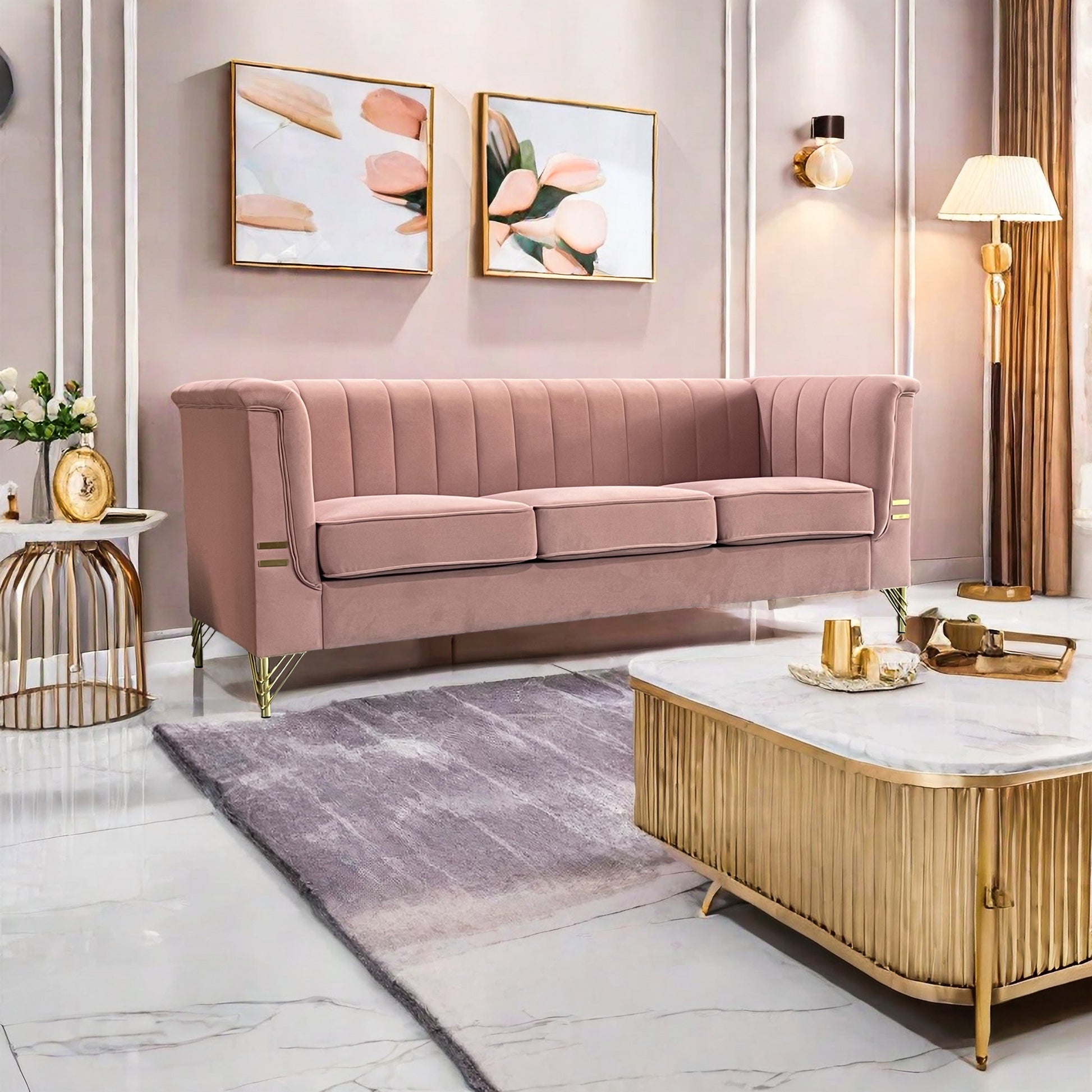 Fx P82 Pk Sofa Modern Designs Velvet Upholstered Living Room Sofa, 3 Seat Sofa Couch With Golden Metal Legs For Home, Apartment Or Office Pink Sofa Pink Velvet 3 Seat