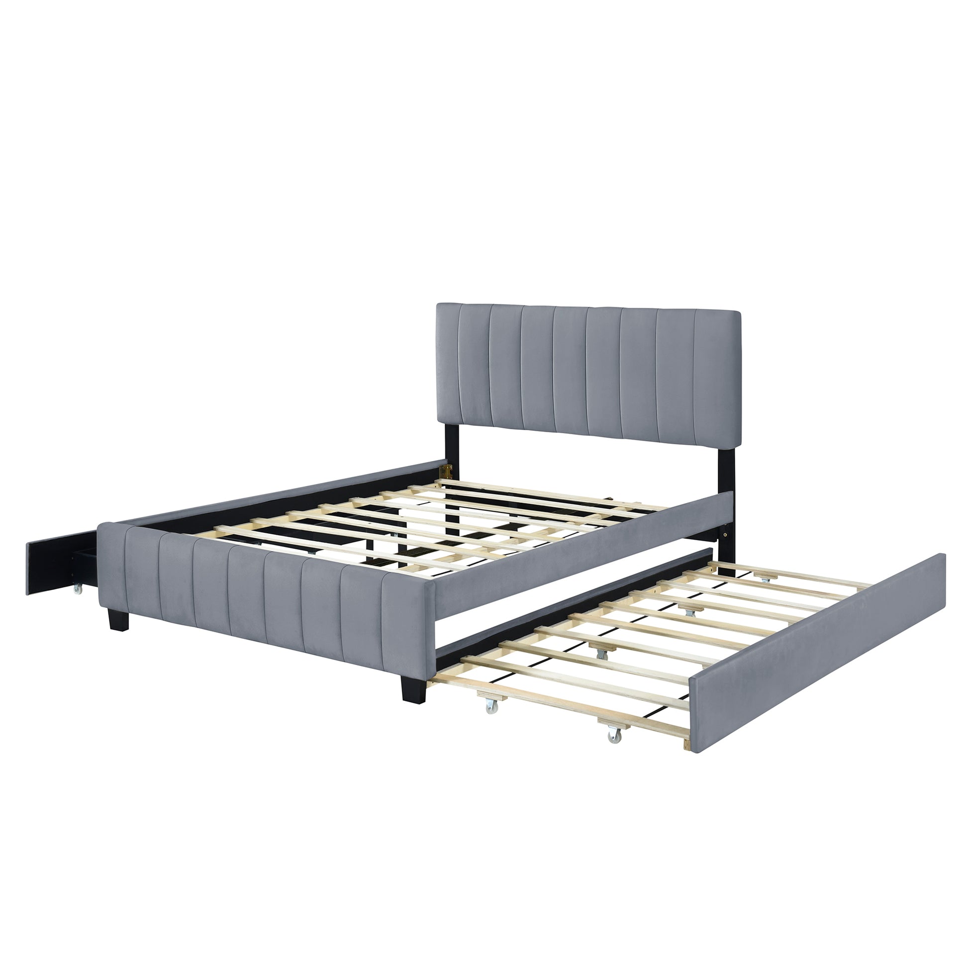 Queen Size Velvet Upholstered Platform Bed With 2 Drawers And 1 Twin Xl Trundle Gray Queen Gray Upholstered