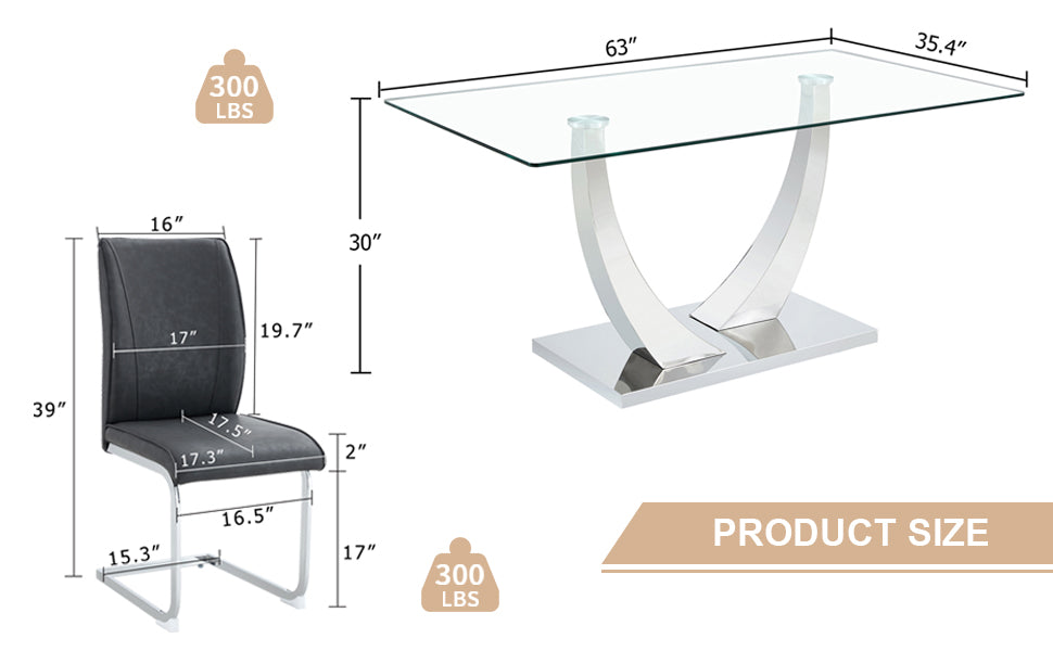 Table And Chair Set.Modern Dining Table,Tempered Glass Tabletop And Silver Colored Leg.Paired With 4 Soft And Comfortable Dark Gray Pu Chair, Perfect For Dinner, Meetings, Home And Office Decor.