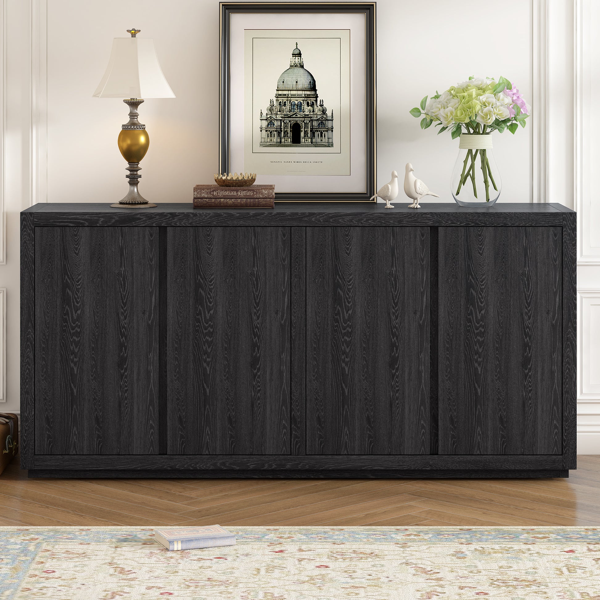 Distinctive Features Of A Four Door Cabinet Sideboard With Ash Veneer Suitable For Hallway, Entryway, Living Room Black Mdf