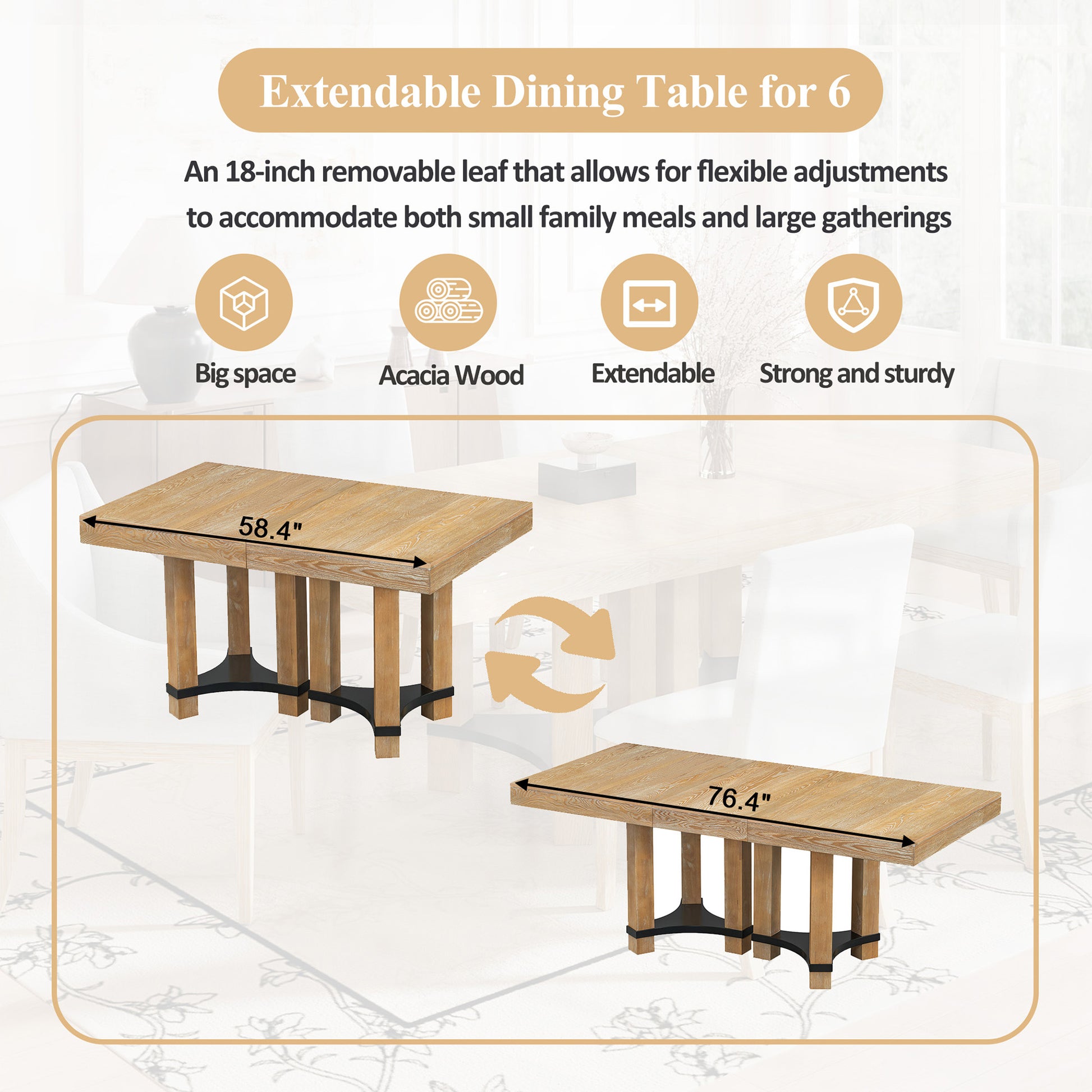 Rustic 7 Piece 76.4Inch Extendable Dining Table Set With 18Inch Removable Leaf, 2 Arm Chairs And 4 Armless Chairs, Natural Wood Dining Room Solid Wood Rubberwood Rectangular Dining Table With Chair Upholstered Chair Wood Natural Seats 6 Removable Leaf