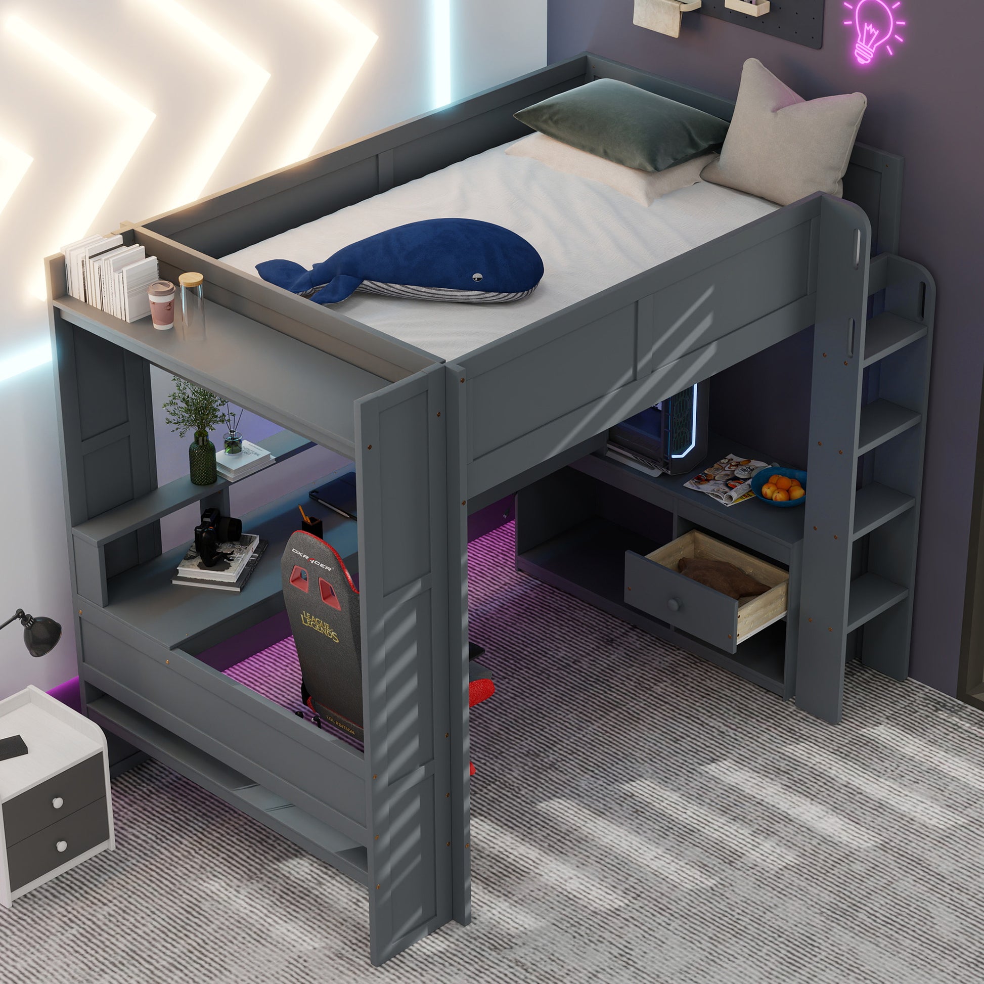Wood Full Size Gaming Loft Bed With Desk, Multi Storage Shelves, Led And Charging Station, Dark Gray Box Spring Not Required Full Dark Gray Wood Bedroom Bed Frame Solid Wood Mdf