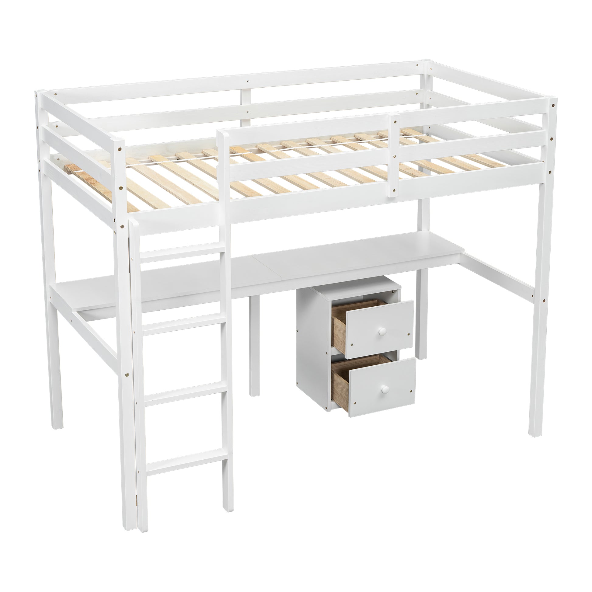 Twin Loft Wood Bed With Under Bed, Built In Desk, A Storage Cabinet Of 2 Drawers, Guardrails, Ladder,White Twin White Pine