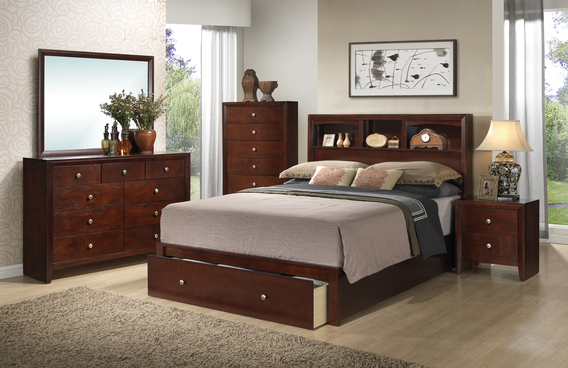 Brown Cherry 1Pc Nightstand Nickel Round Knob Transitional Style 2 Drawers Nightstand Bedside Table Rubberwood Brown Brown 2 Drawers Bedside Cabinet Bedroom Contemporary,Modern,Transitional