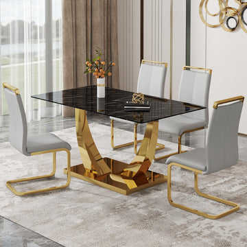 Table And Chair Set.Modern Rectangular Dining Table With Black Textured Stickers Glass Tabletop And Gold Plated Metal Legs.Paried With 4 Comfortable Chairs With Pu Seats And Golden Metal Legs. Gold,Light Gray Seats 4 Glass Metal