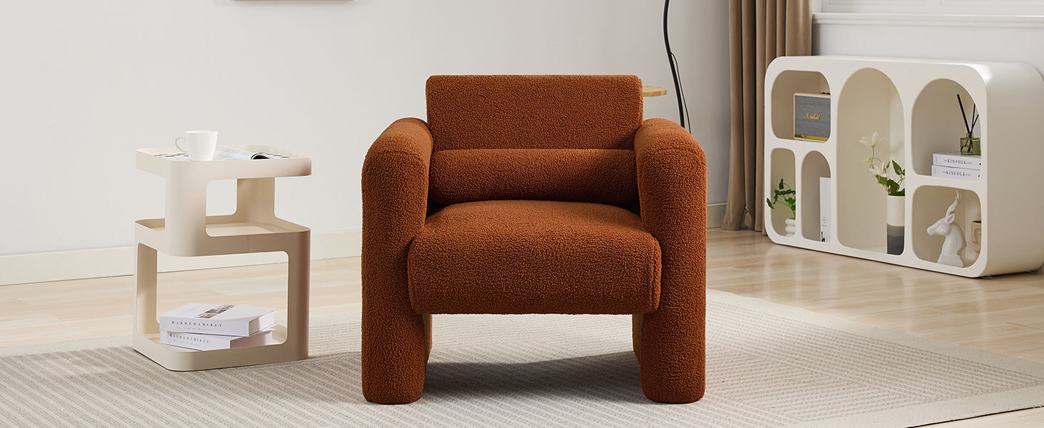 Modern Accent Chair Lambskin Sherpa Fabric Upholstered Comfy Reading Arm Chair Soft Padded Armchair With Back And Pillow For Living Room Bedroom Reception Waiting Room Office,Burnt Orange Burnt