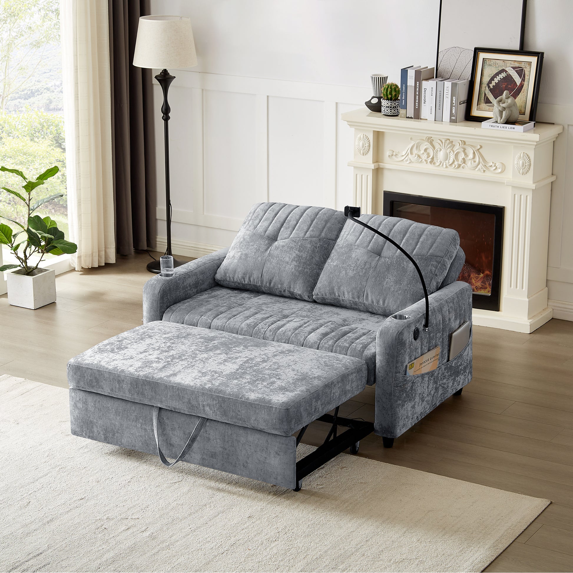 53.9" Modern Loveseat Pull Out Sofa Bed With Adjustable Backrest, Two Cup Holdersa Phone Holder, Three Charging Ports And Side Storage Pockets For Living Room, Grey Grey Foam Chenille