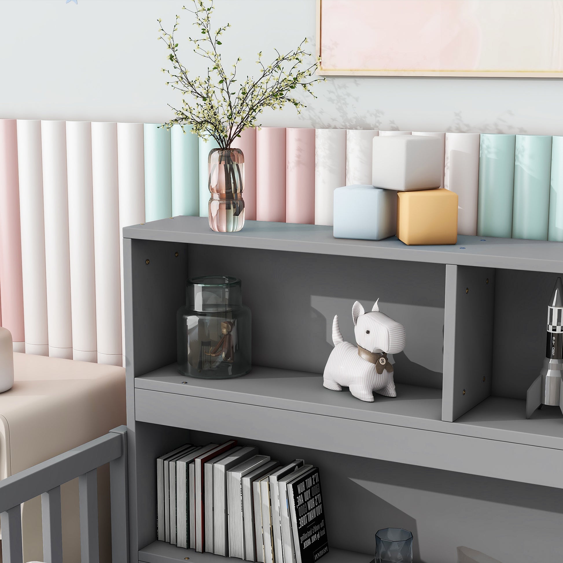 Twin Floor Bed With Bedside Bookcase,Shelves,Guardrails,Grey Twin Grey Bedroom American Design Pine