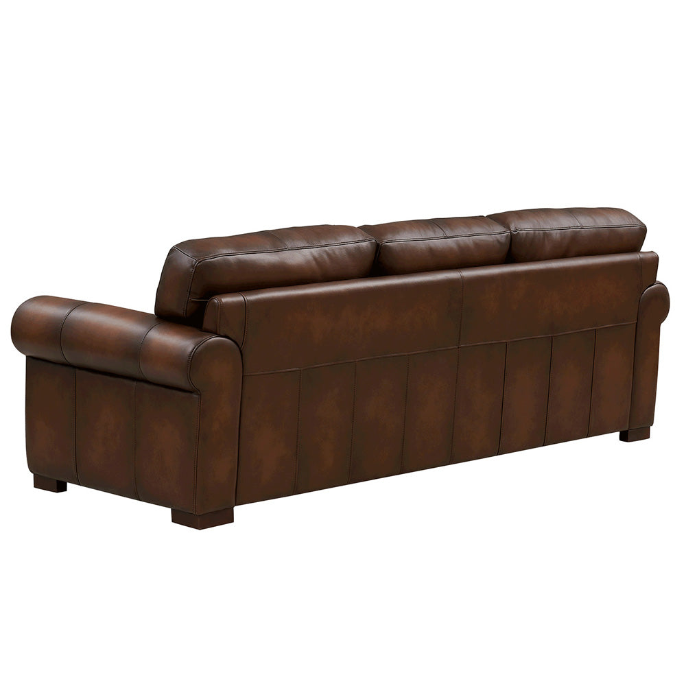 Brookfield Top Grain Leather Sofa Couch Caramel Genuine Leather Wood Primary Living Space Medium Firm Cushion Back Mid Century Modern Eucalyptus Rolled Arms Down Filling Leather 3 Seat