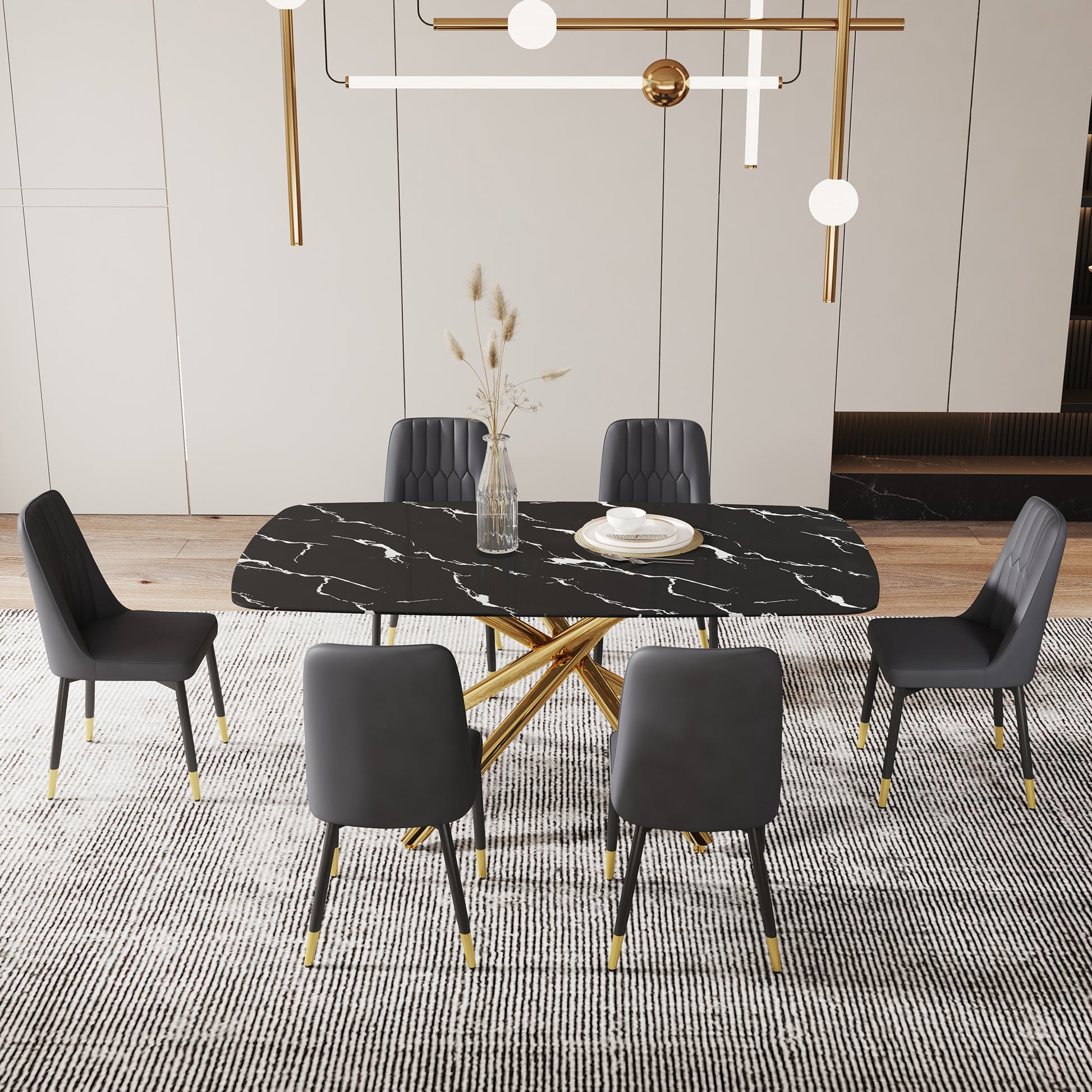 Large Modern Minimalist Rectangular Dining Table With 0.39 "Imitation Marble Black Tabletop And Golden Metal Legs, Paired With Chairs With Pu Cushions And Black Metal Legs. F 1537 C 007 Black Gold Glass Metal
