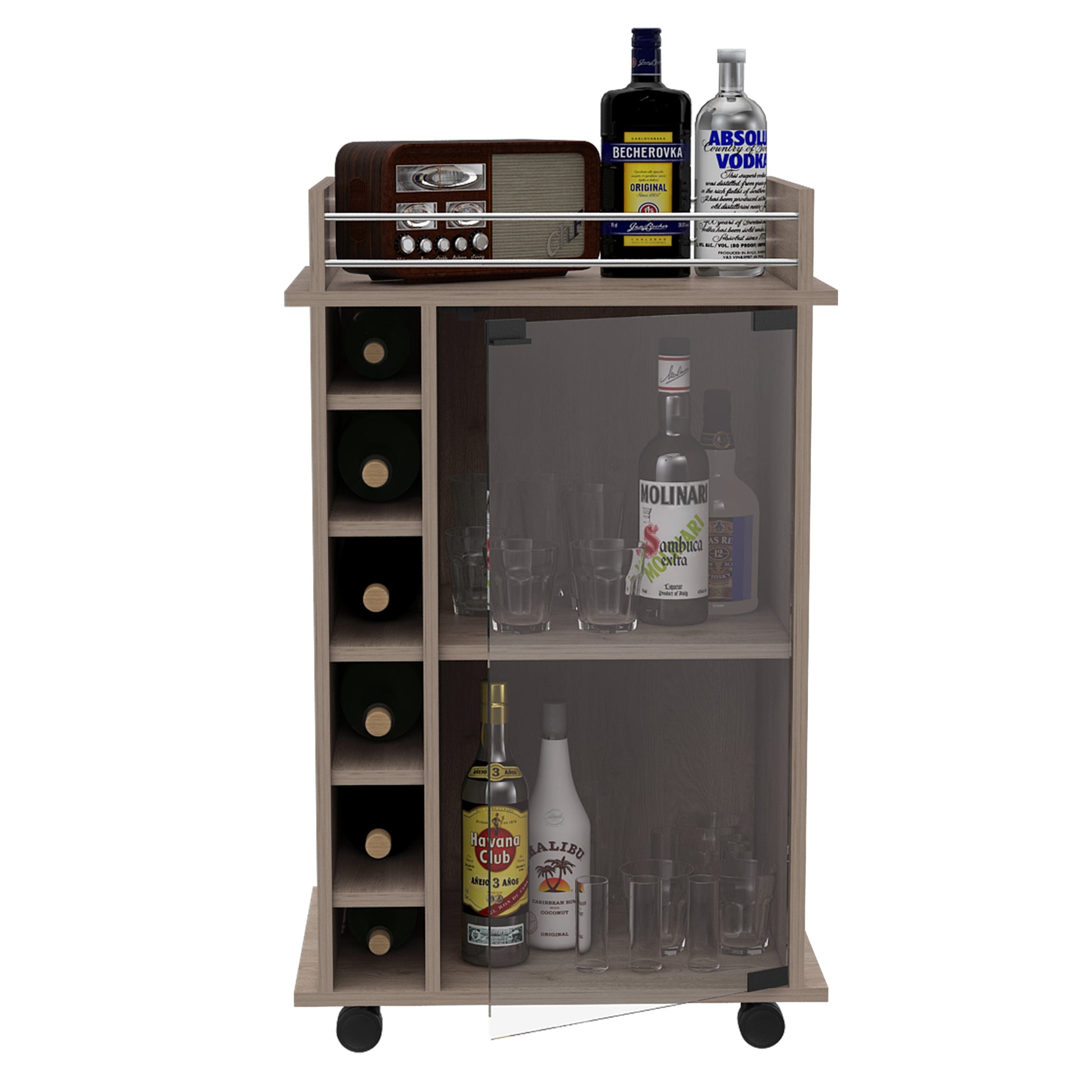 Dukat Bar Cart,Two Shelves, Six Built In Wine Rack, Four Casters Light Gray Gray Dining Room Modern Particle Board Particle Board