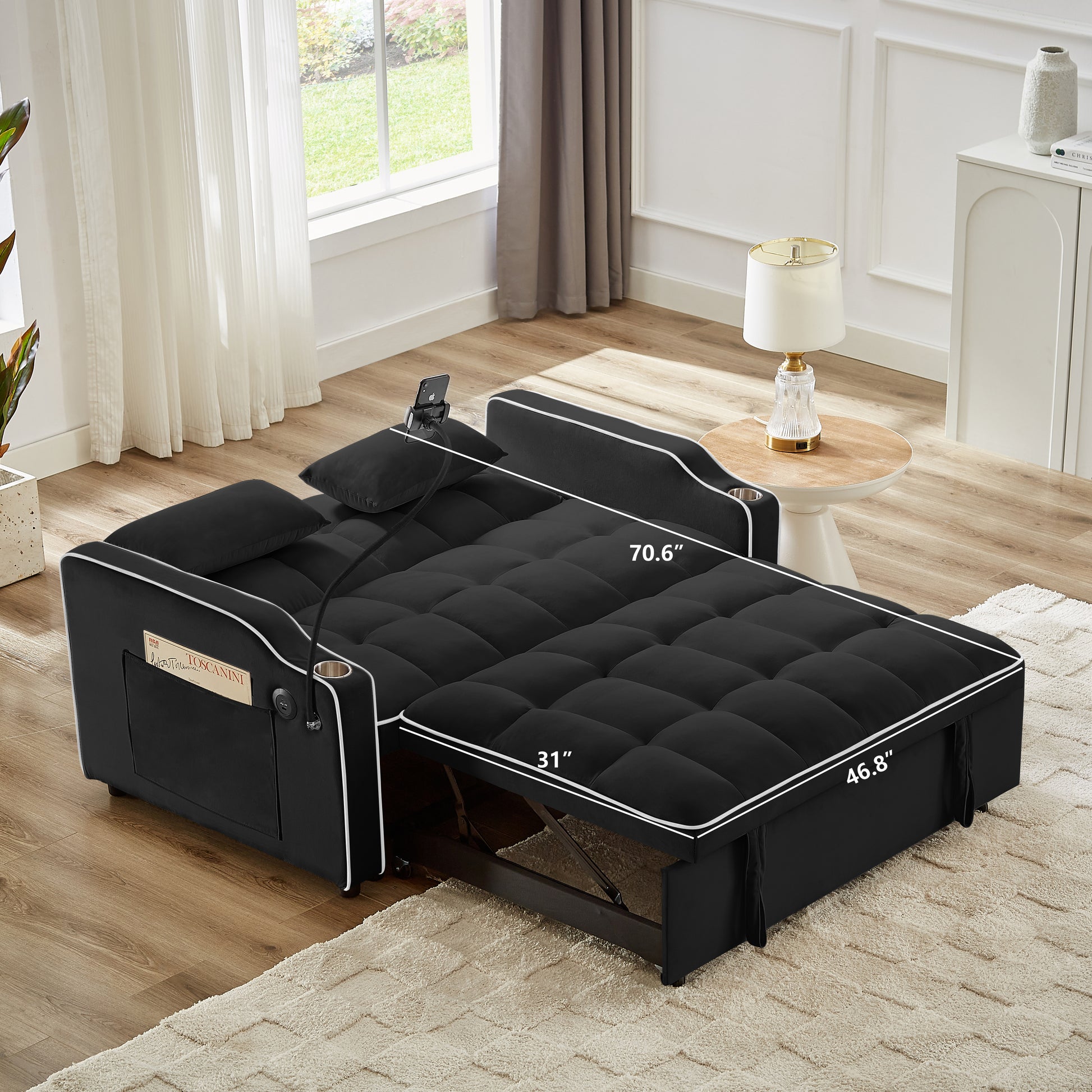 1 Versatile Foldable Sofa Bed In 3 Lengths, Modern Sofa Sofa Sofa Velvet Pull Out Bed, Adjustable Back And With Usb Port And Ashtray And Swivel Phone Stand Black Black Eucalyptus Solid Wood Mdf Resin 2 Seat