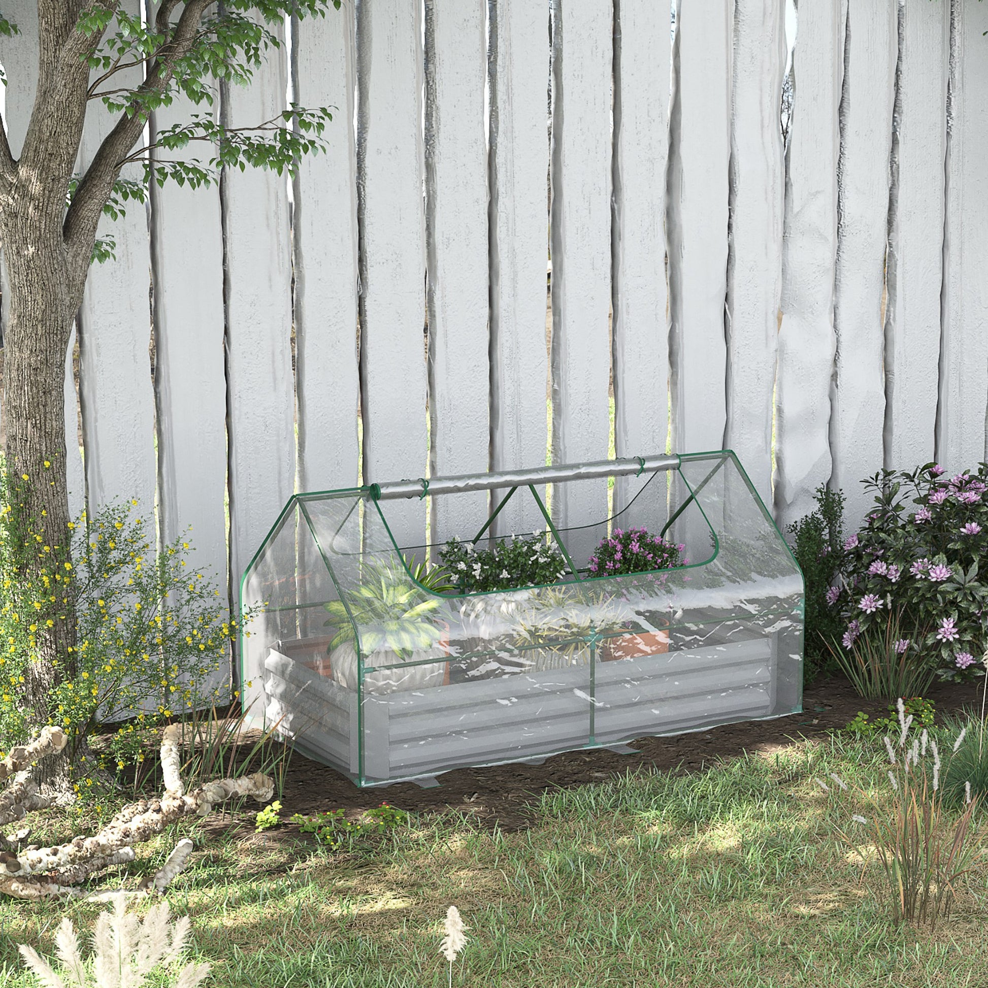 Outsunny 6' X 3' Galvanized Raised Garden Bed With Mini Pvc Greenhouse Cover, Outdoor Metal Planter Box With 2 Roll Up Windows For Growing Flowers, Fruits, Vegetables And Herbs, Light Gray Light Grey Plastic
