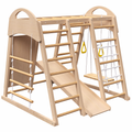 Indoor Playground 7 In 1 Jungle Gym Playset For Kids 2 6Yrs Slide, Climbing Wall, Rope Wall Climber, Monkey Bars, Swing Waldorf And Montessori Style Wooden Climb Set. Natural Wood Pine