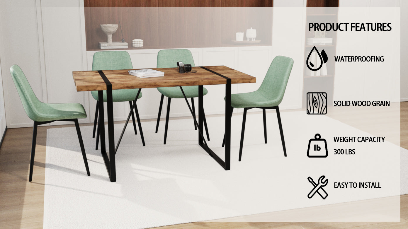 Mdf Dark Wood Dining Table And Modern Dining Chair 4 Piece Set, Medieval Wooden Kitchen Dining Table Set, Rectangular Metal Base, Dining Table And Suede Chair Brown Green Mdf