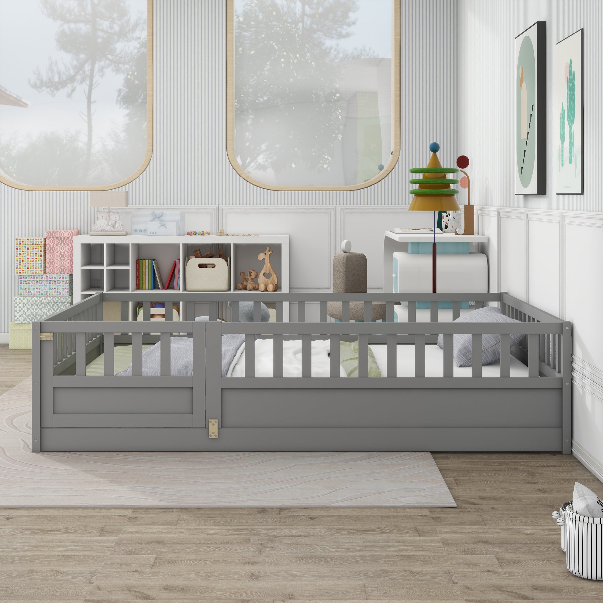 Full Size Floor Bed, Integral Construction With Super High Security Barrier, Door, Children'S Floor Bed Frame, Montessori Wooden Children'S Floor Bed, Grey Box Spring Required Full Grey Wood Brown Bedroom American Design,Artsy Pine Bed Frame Pine