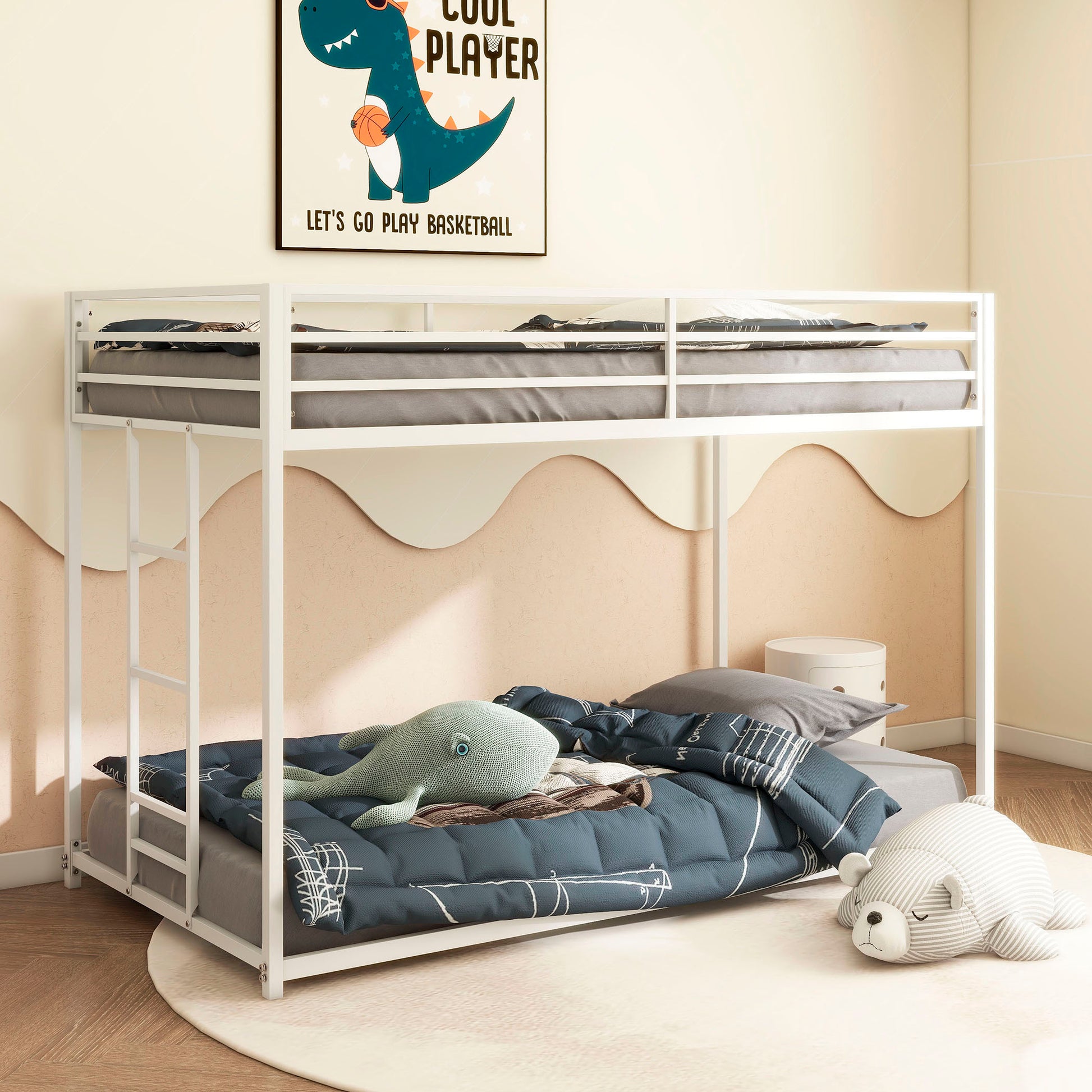 Adam Twin Over Twin Metal Bunk, White Twin Box Spring Not Required White Metal Bedroom Bed Frame Metal Metal