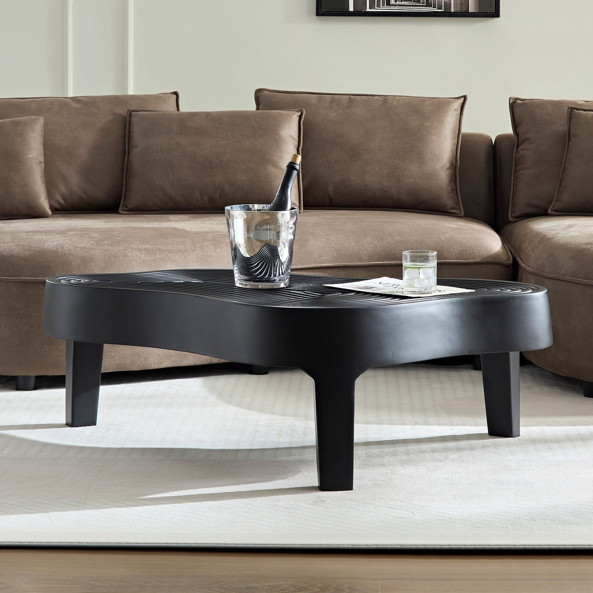 47.24''Fiberglass Clound Coffee Table For Living Room,Matte Black Relief Table Front Of The Sofa, Irregular Center Table For Apartment,No Need Assembly Black Fiberglass