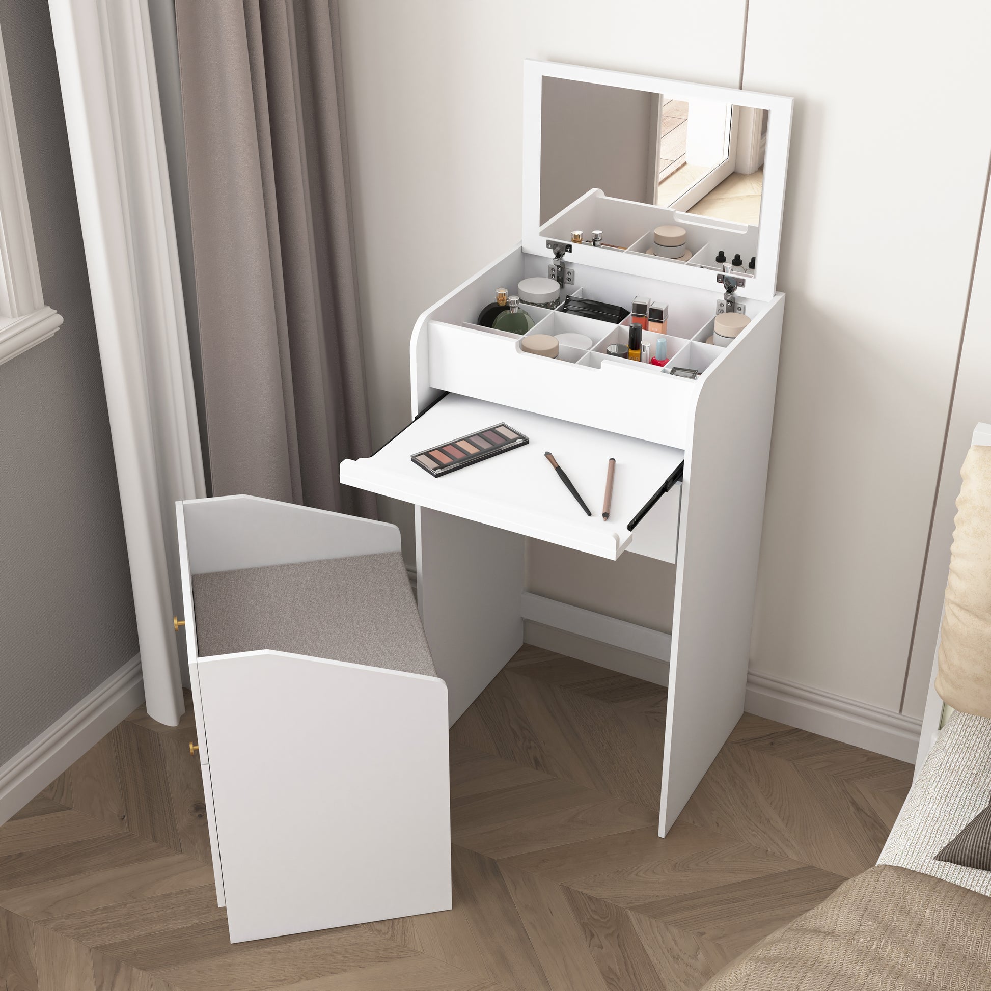 Small Vanity Desk With Mirror White Makeup Vanitys Set Make Up Table With Chair, Drawers, Mini Space Saving Cute Dressing Table For Girls Bedroom Living Room White Primary Living Space Mdf