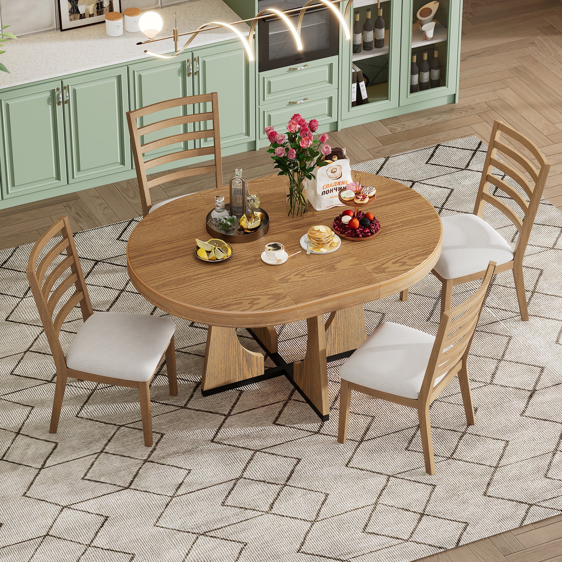 5 Piece Retro Rustic Functional Dining Set Unique Geometric Design, 1 Extendable Table With A 16 Inch Leaf And 4 Upholstered Chairs Ideal For Dining Room And Kitchen Natural Natural Solid Wood Mdf