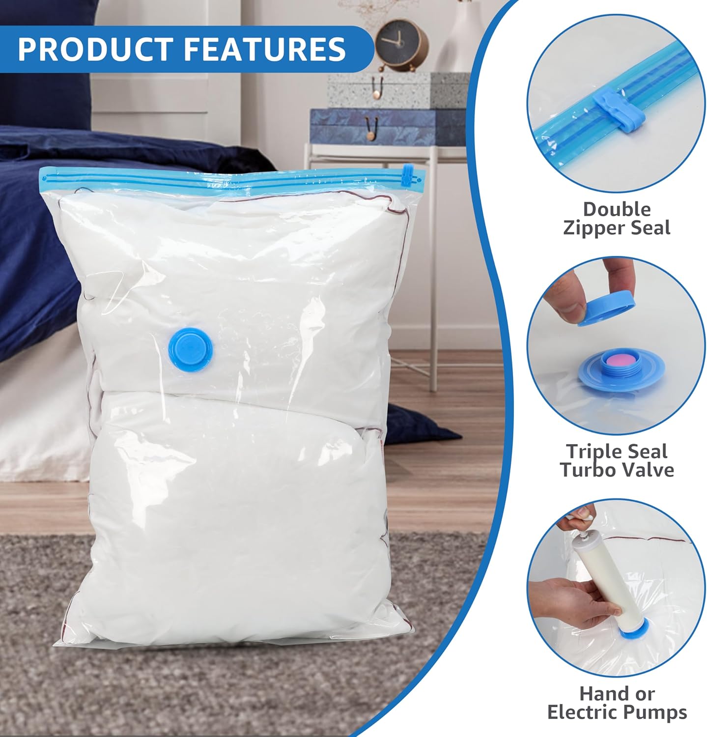 8 Jumbo Vacuum Storage Bags, Space Saver Bags, Vacuum Seal Bags With Hand Pump For Comforters, Blankets, Bedding, Pillows And Clothes White Polyethylene