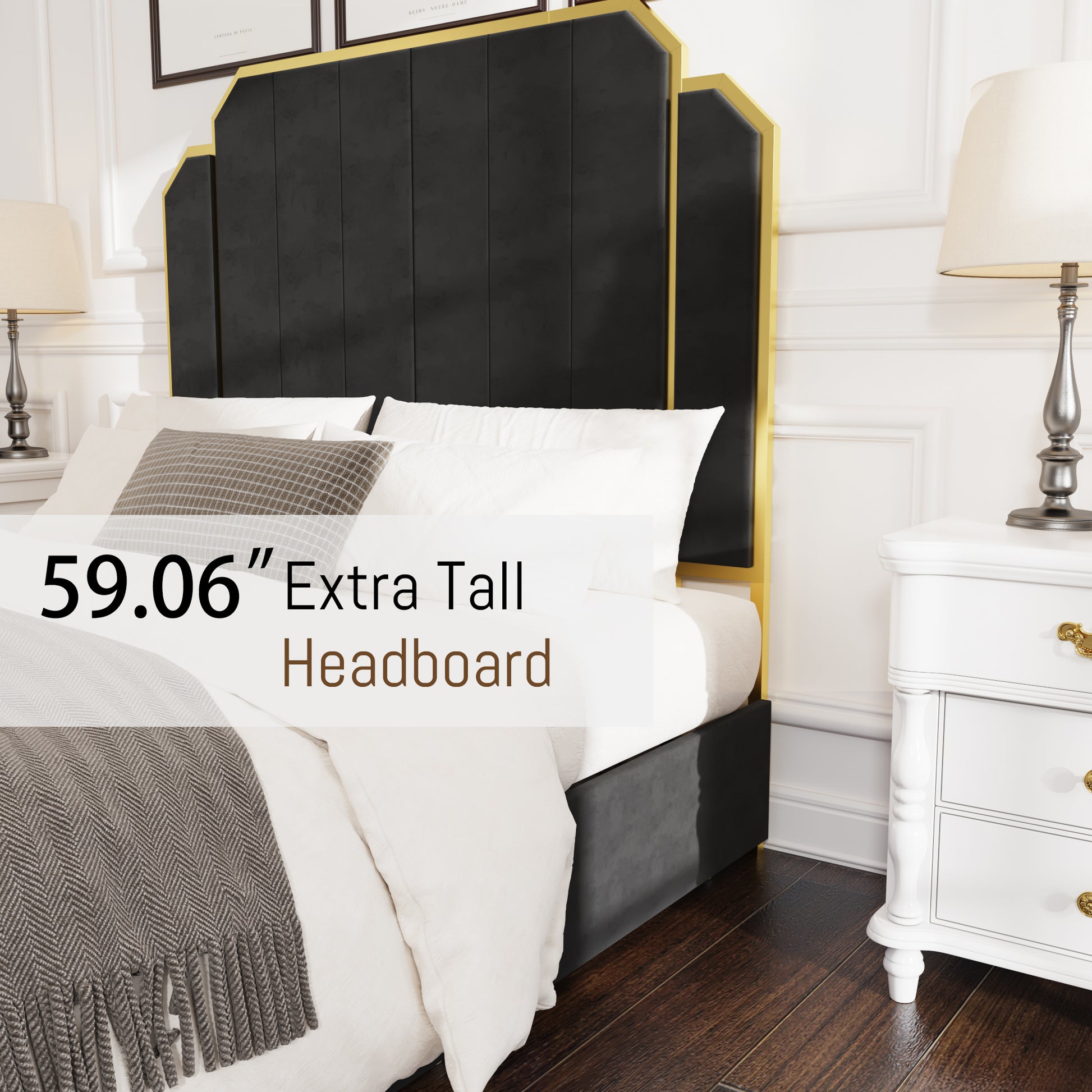 Queen Size Bed Frame And 59.06" Headboard, Upholstered Bed With Golden Plating Trim, Modern Platform Bed No Box Spring Needed, Black Box Spring Not Required Queen Gold Black Metal Bedroom Modern Bed Frame Velvet Mdf Metal