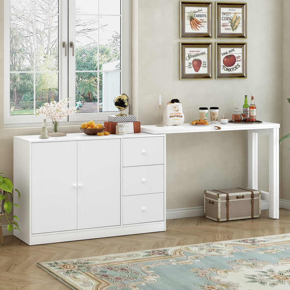 Innovative Sideboard That Effortlessly Converts Into A Dining Table And Adjustable Pull Out Top For Flexible Use,Suitable For Study,Entrance And Living Room White Primary Living Space American