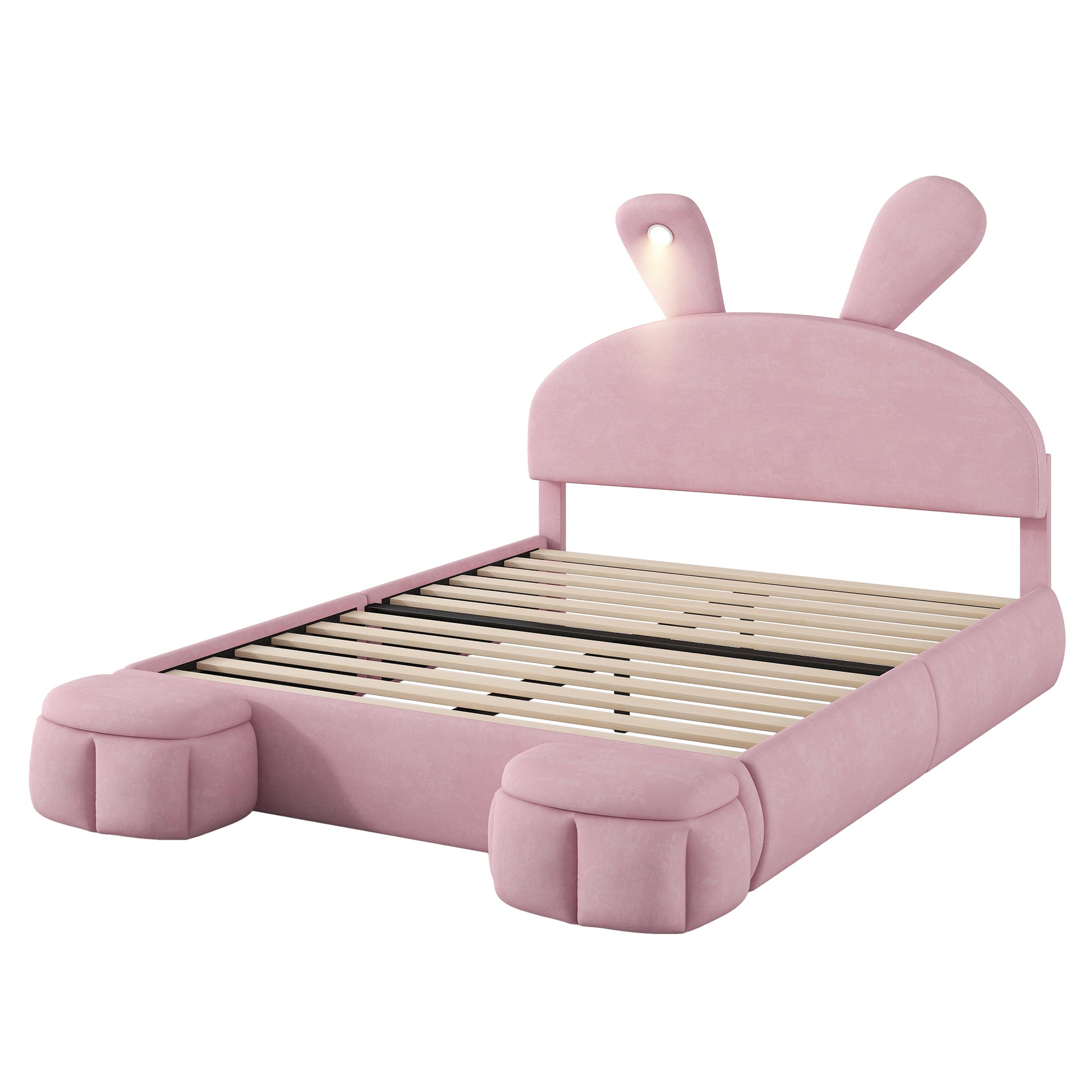 Full Size Upholstered Platform Bed With Cartoon Ears Shaped Headboard And Light, Pink Box Spring Not Required Full Pink Wood Bedroom Bed Frame Velvet Upholstered