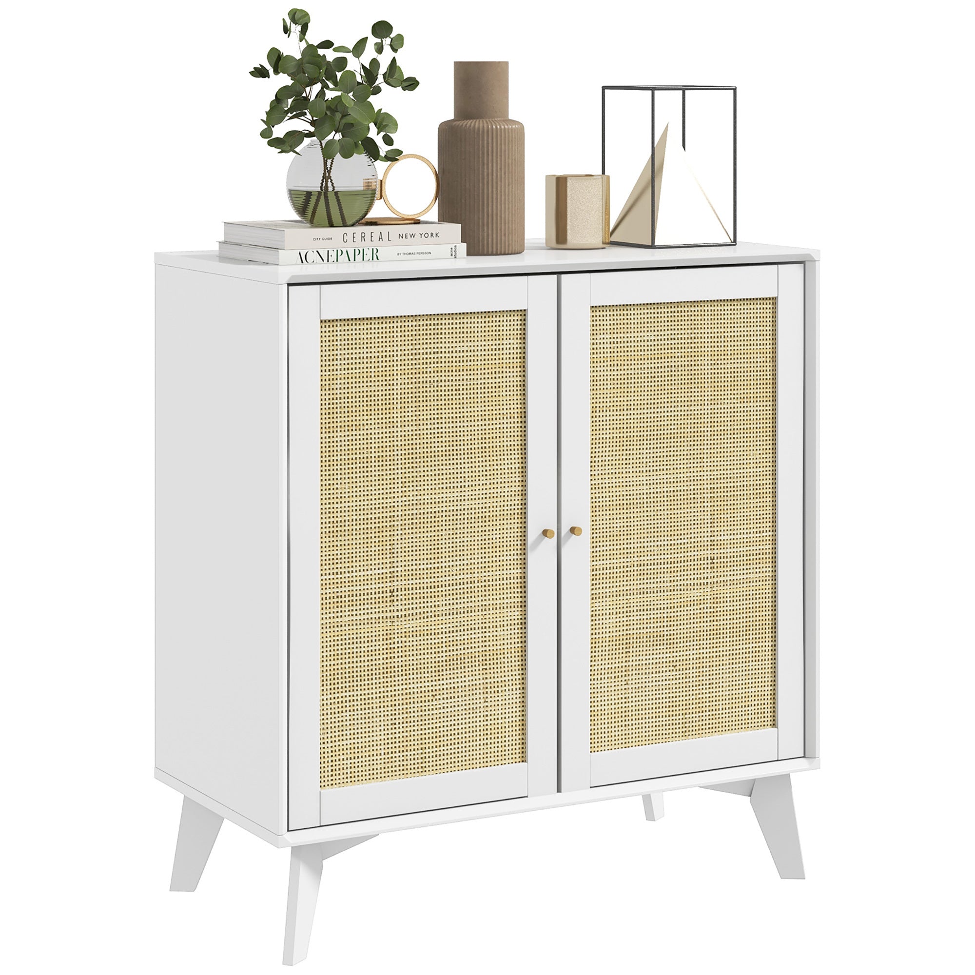 Homcom Boho Storage Cabinet, Kitchen Cabinet With 2 Rattan Doors, White White Particle Board