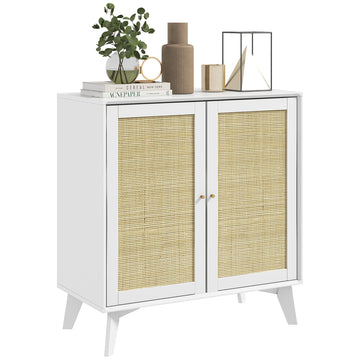 Homcom Boho Storage Cabinet, Kitchen Cabinet With 2 Rattan Doors, White White Particle Board