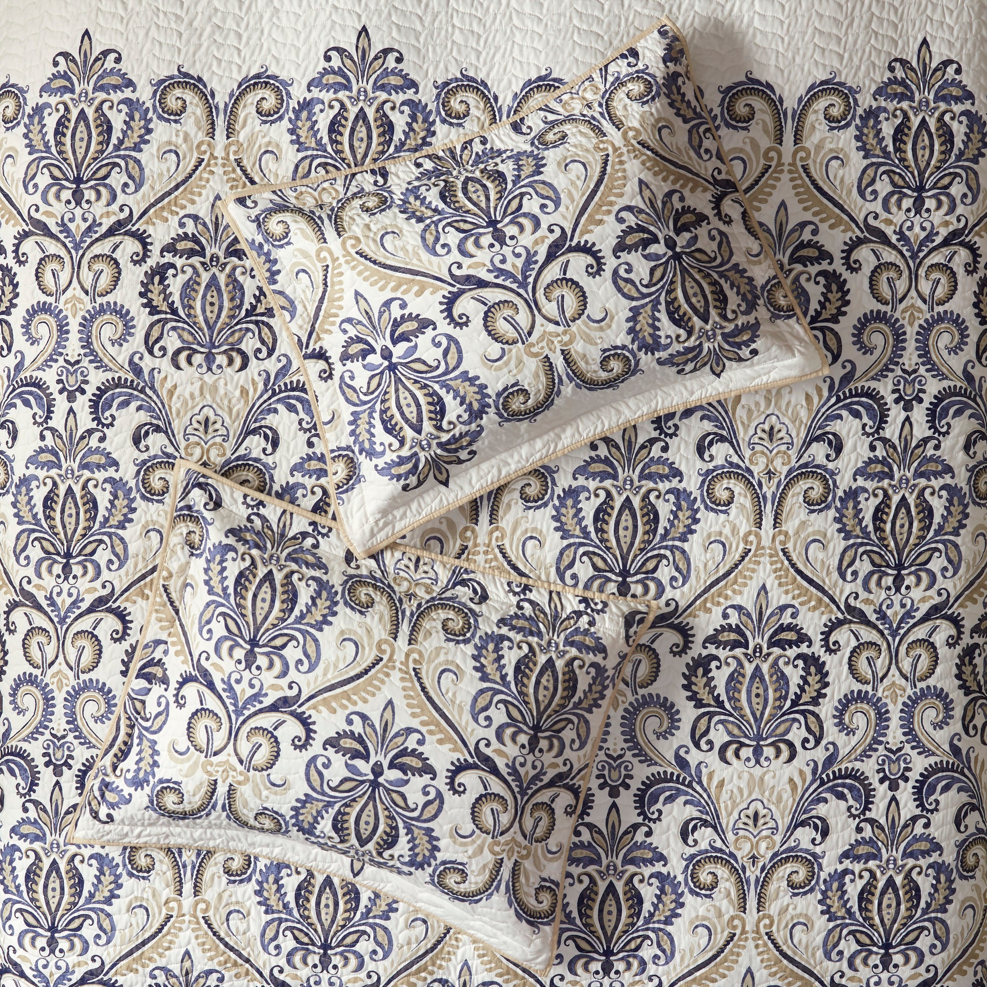 6 Piece Reversible Quilt Set With Throw Pillows Navy Tan Full Queen Full Navy Cotton