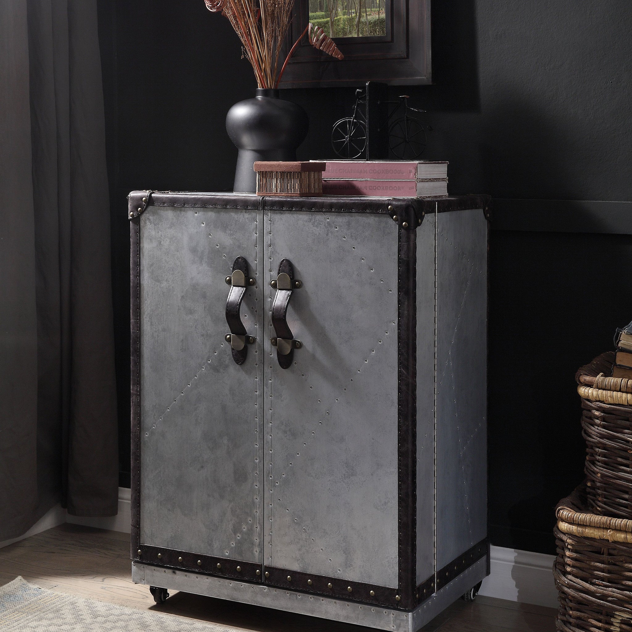 Antique Ebony And Aluminum 2 Door Wine Cabinet With Casters Silver Kitchen Aluminum